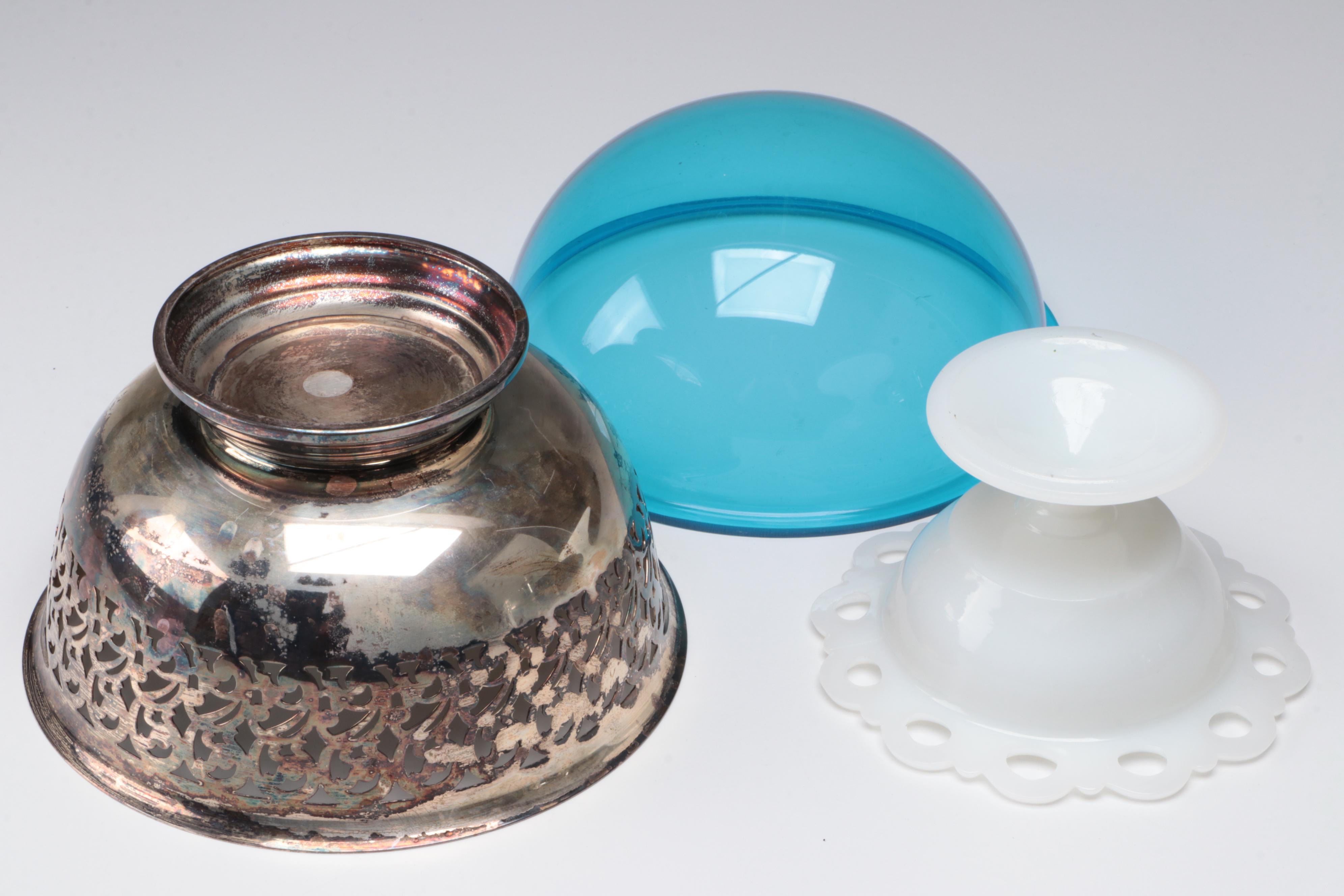 Anchor Hocking "Old Colony" Lace Edge Milk Glass Compote with Other Tableware