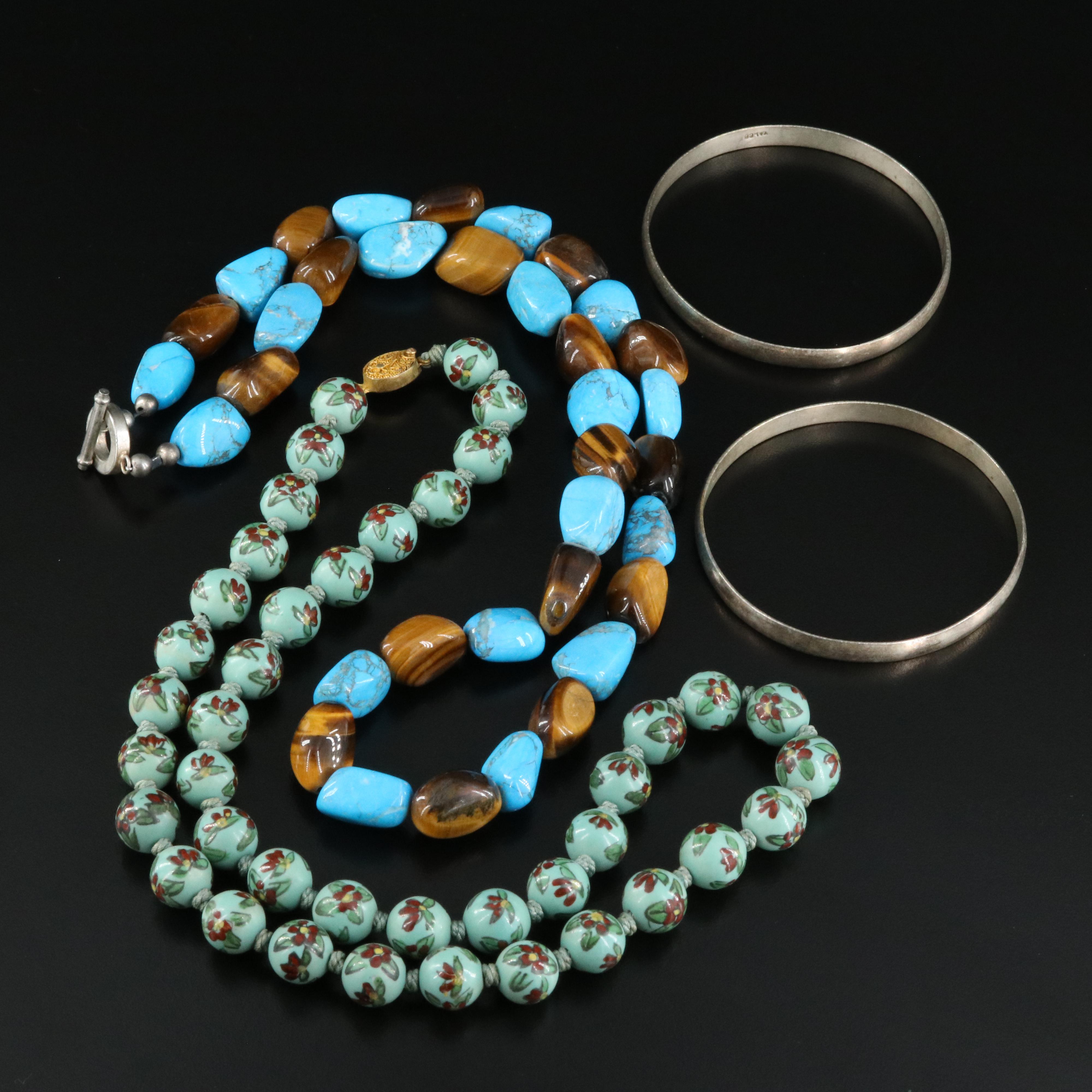 Necklaces and Mexican Bangles Including Tiger's Eye Quartz, Magnesite and Glass