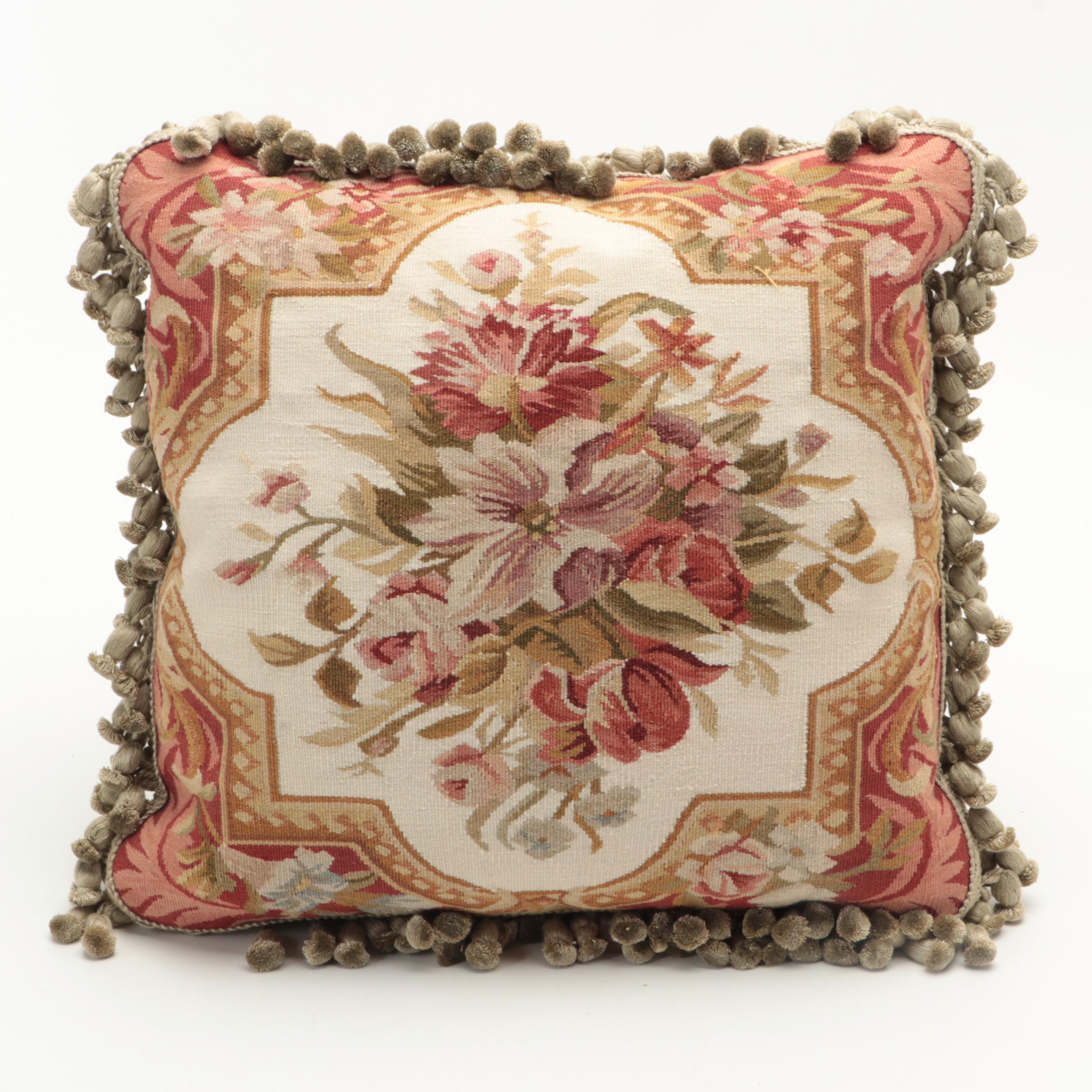 Aubusson Style Needlepoint Neck Roll, Tapestry Weave Throw Pillows, Down Filling