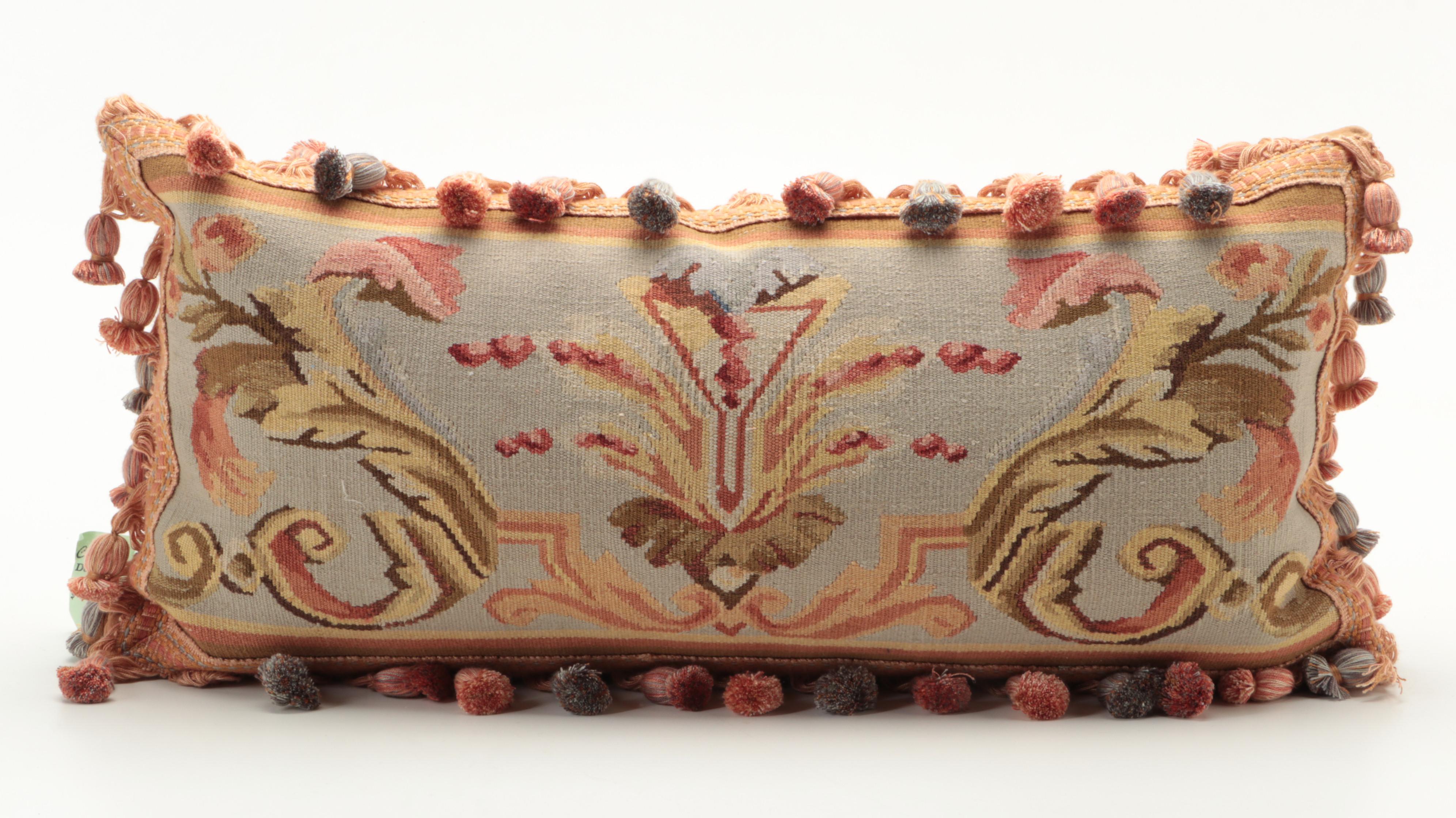 Aubusson Style Needlepoint Neck Roll, Tapestry Weave Throw Pillows, Down Filling