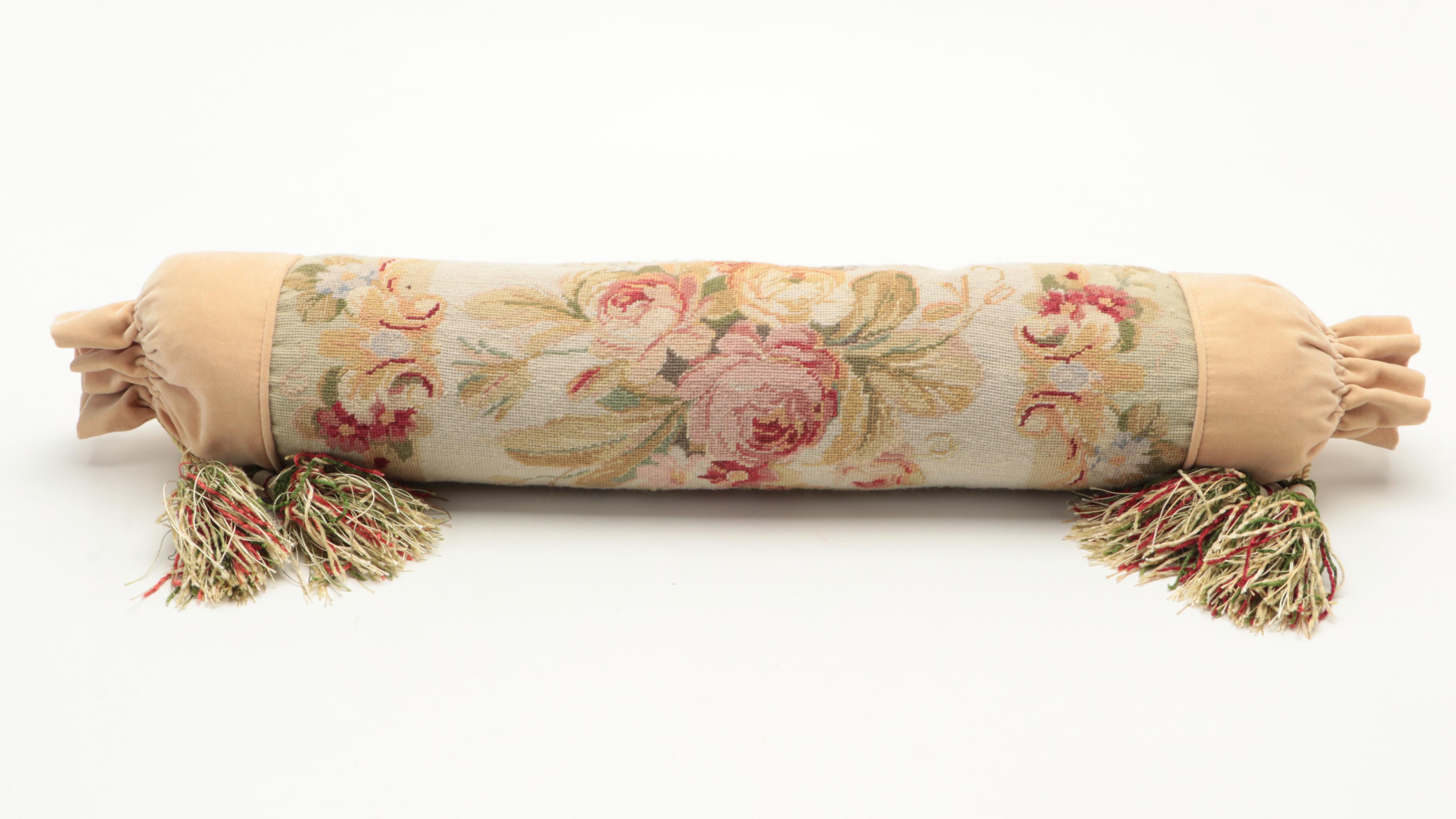 Aubusson Style Needlepoint Neck Roll, Tapestry Weave Throw Pillows, Down Filling