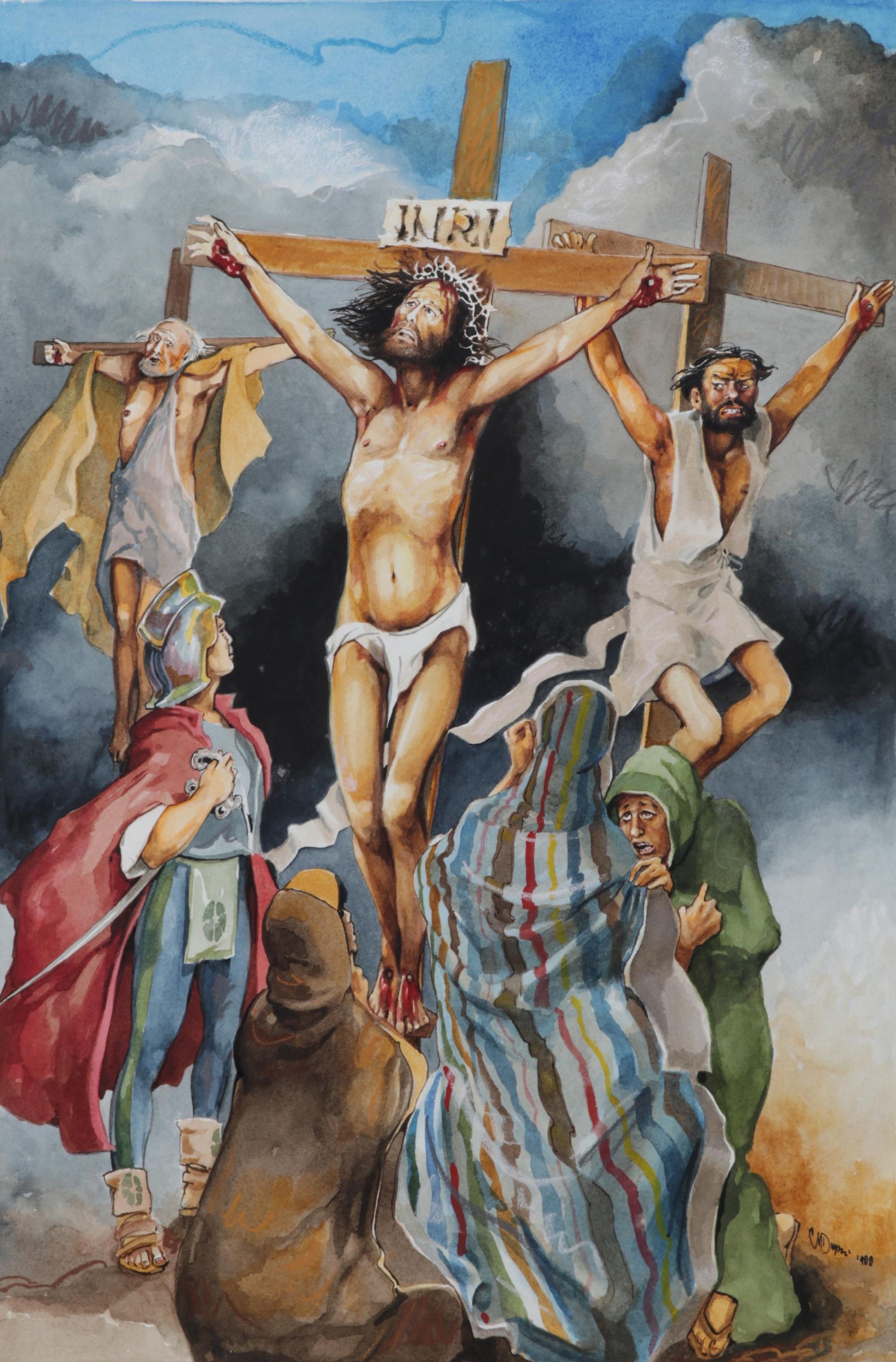 C. M. Dupri Watercolor Painting of Jesus's Crucifixion, 1988