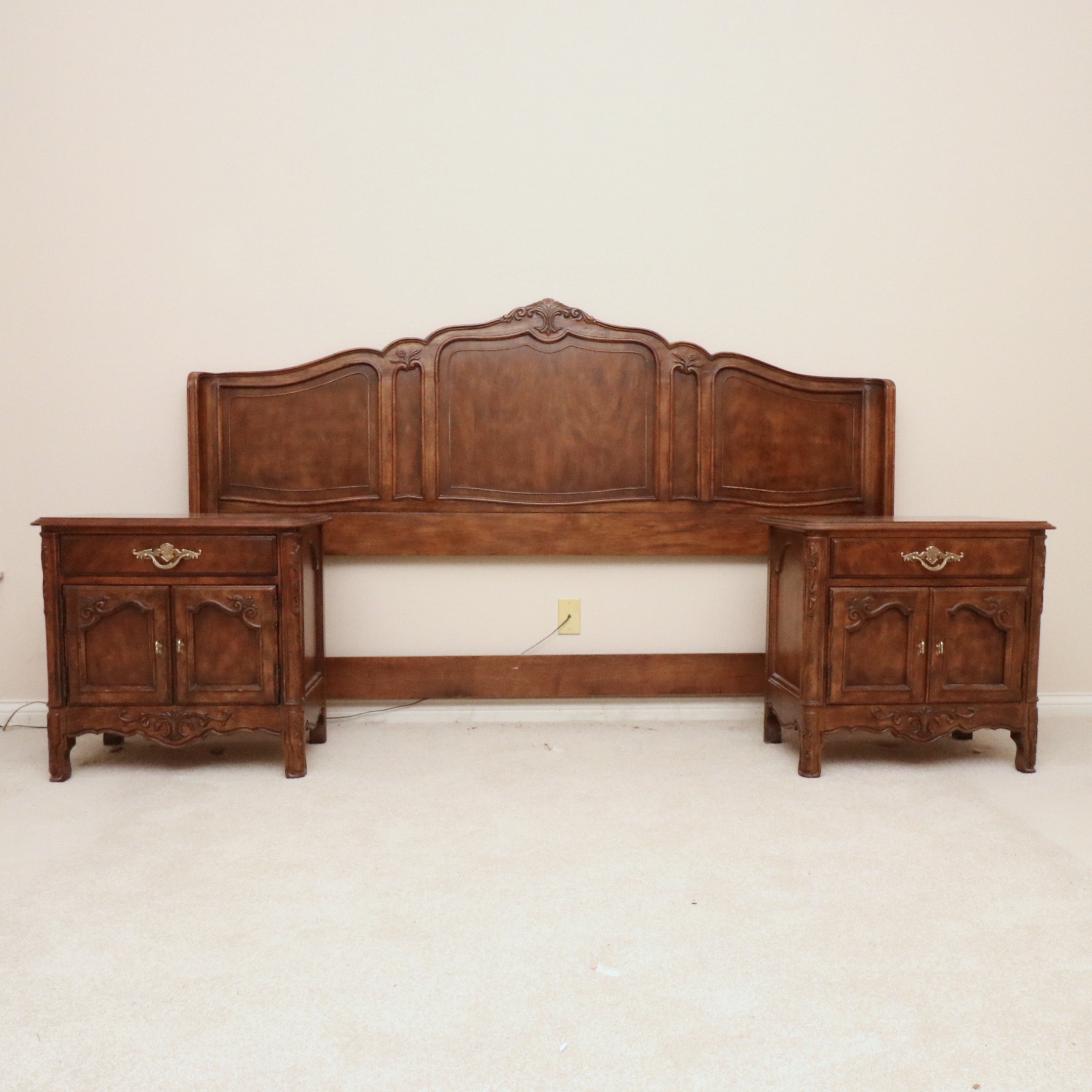 Drexel Heritage "Old Continent" Walnut King Headboard and Nightstands