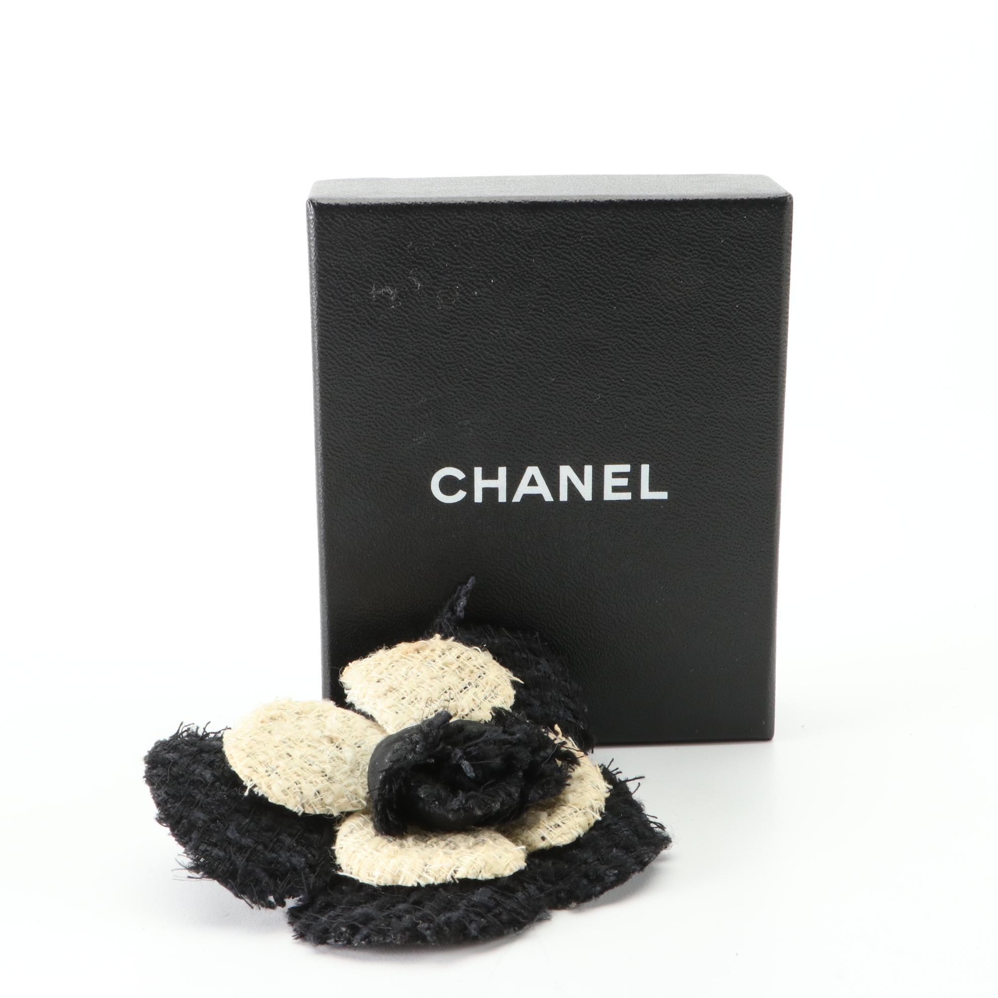 Chanel Camellia Tweed Flower Brooch with Box