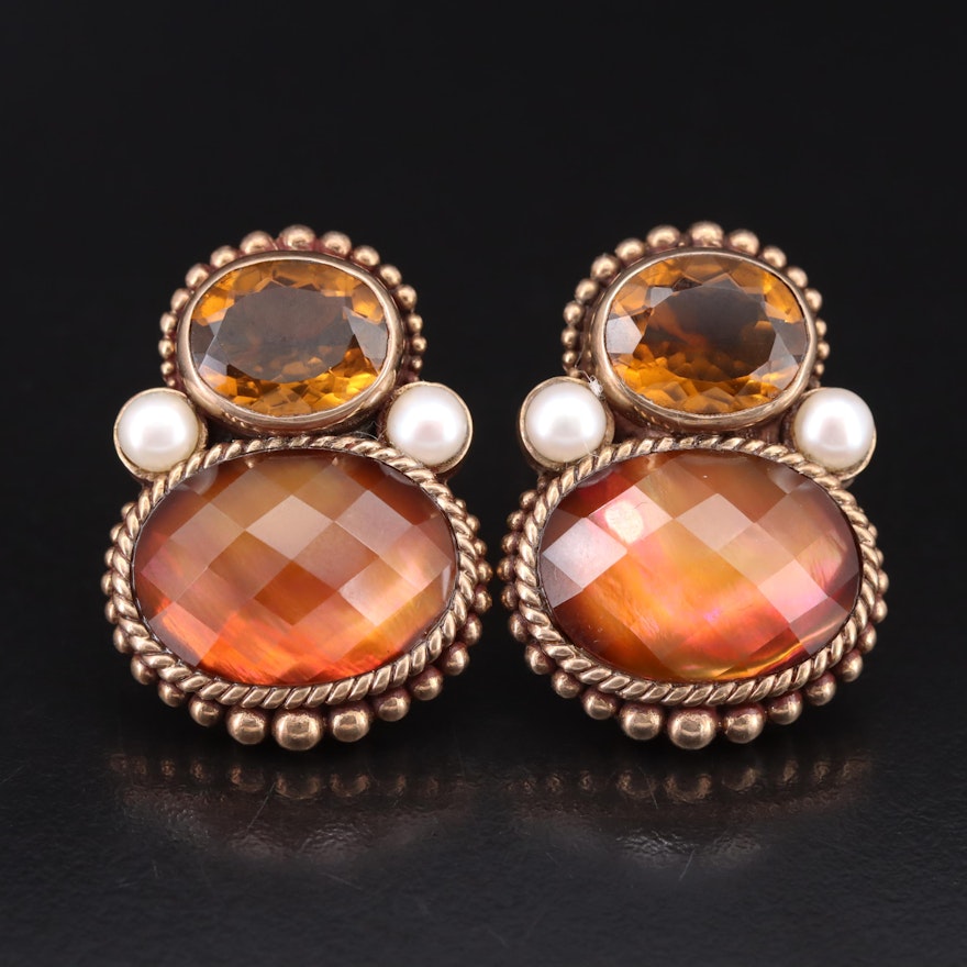 Stephen Dweck Copper Citrine, Mother-of-Pearl, Quartz and Pearl Earrings