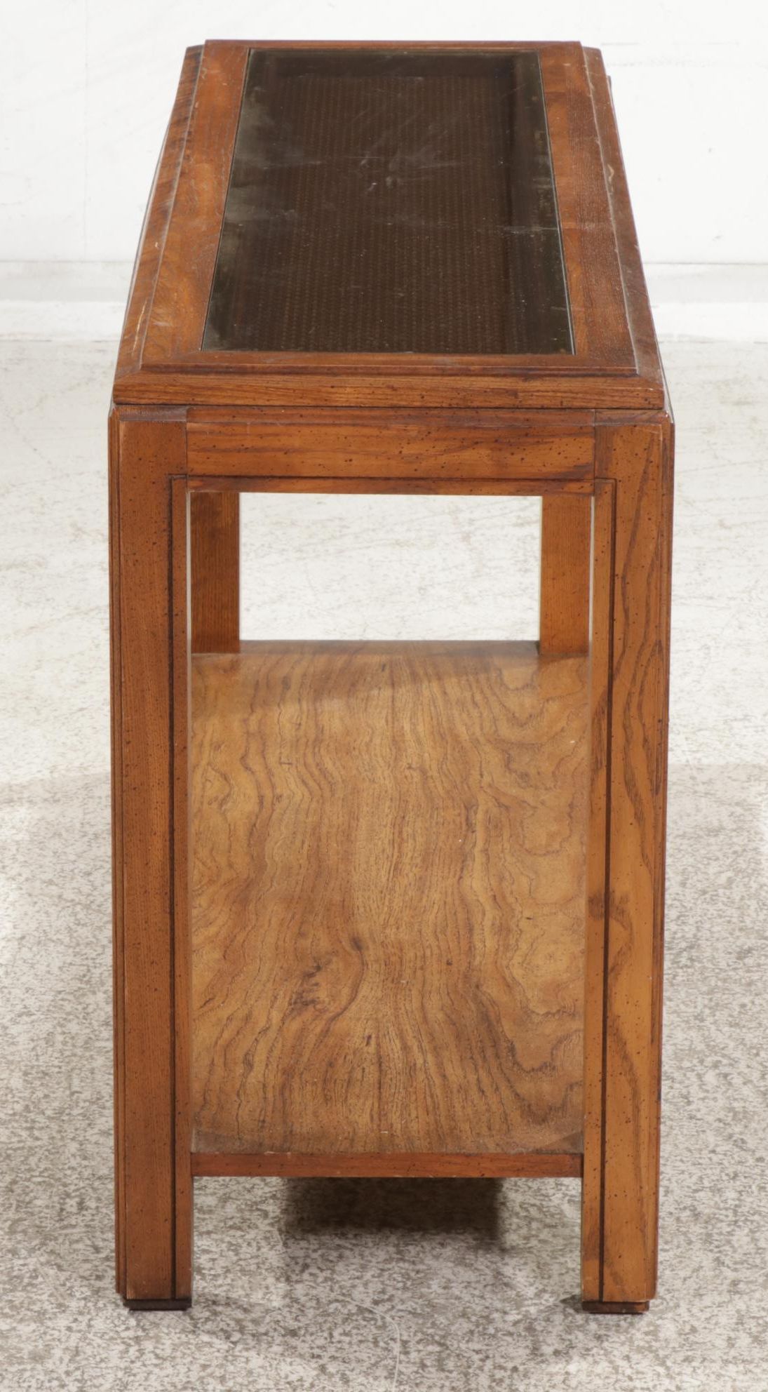 Fruitwood-Grained, Caned and Glass Top Console Table, 1970s