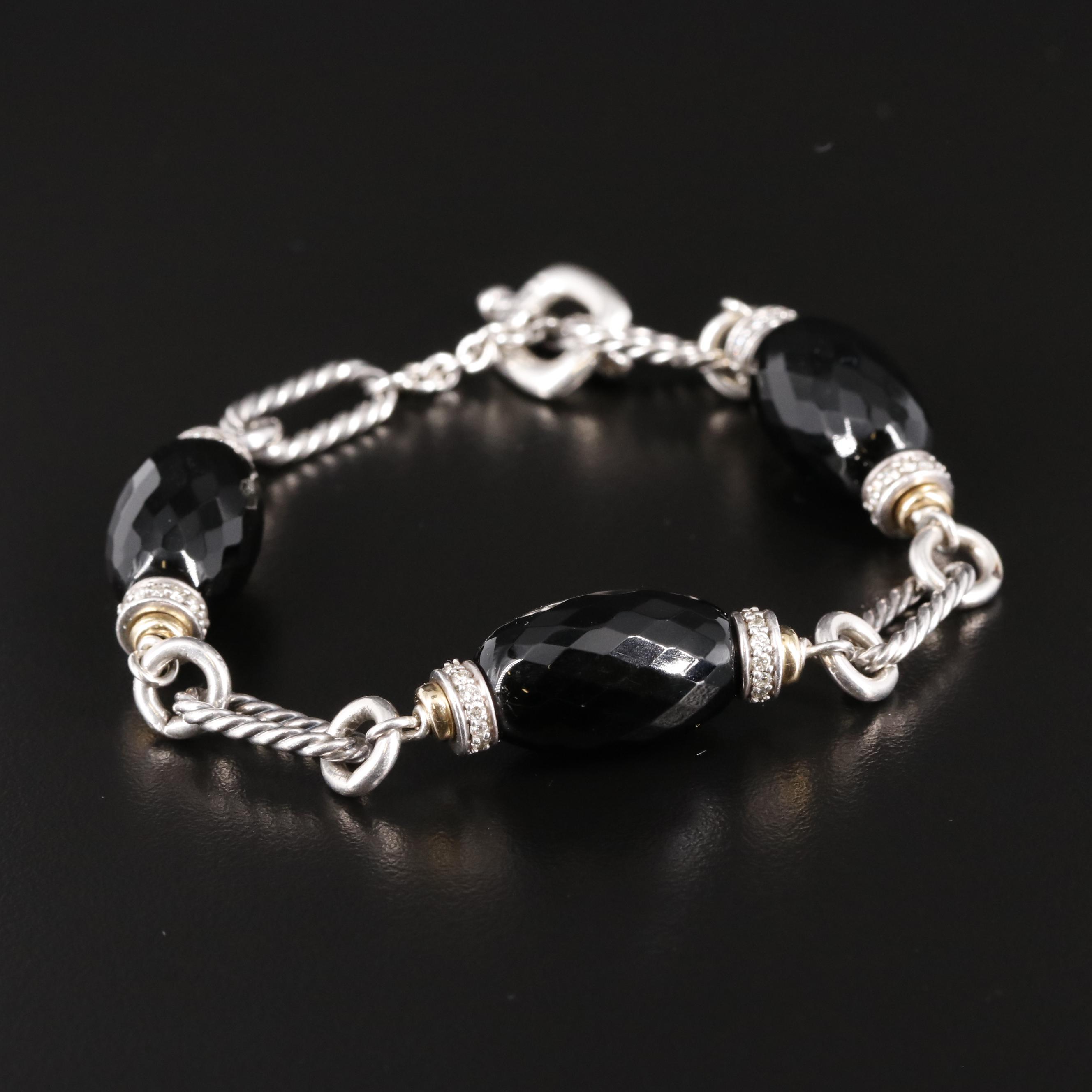 David Yurman "Figaro" Sterling Silver Onyx and Diamond Bracelet with 18K Accents