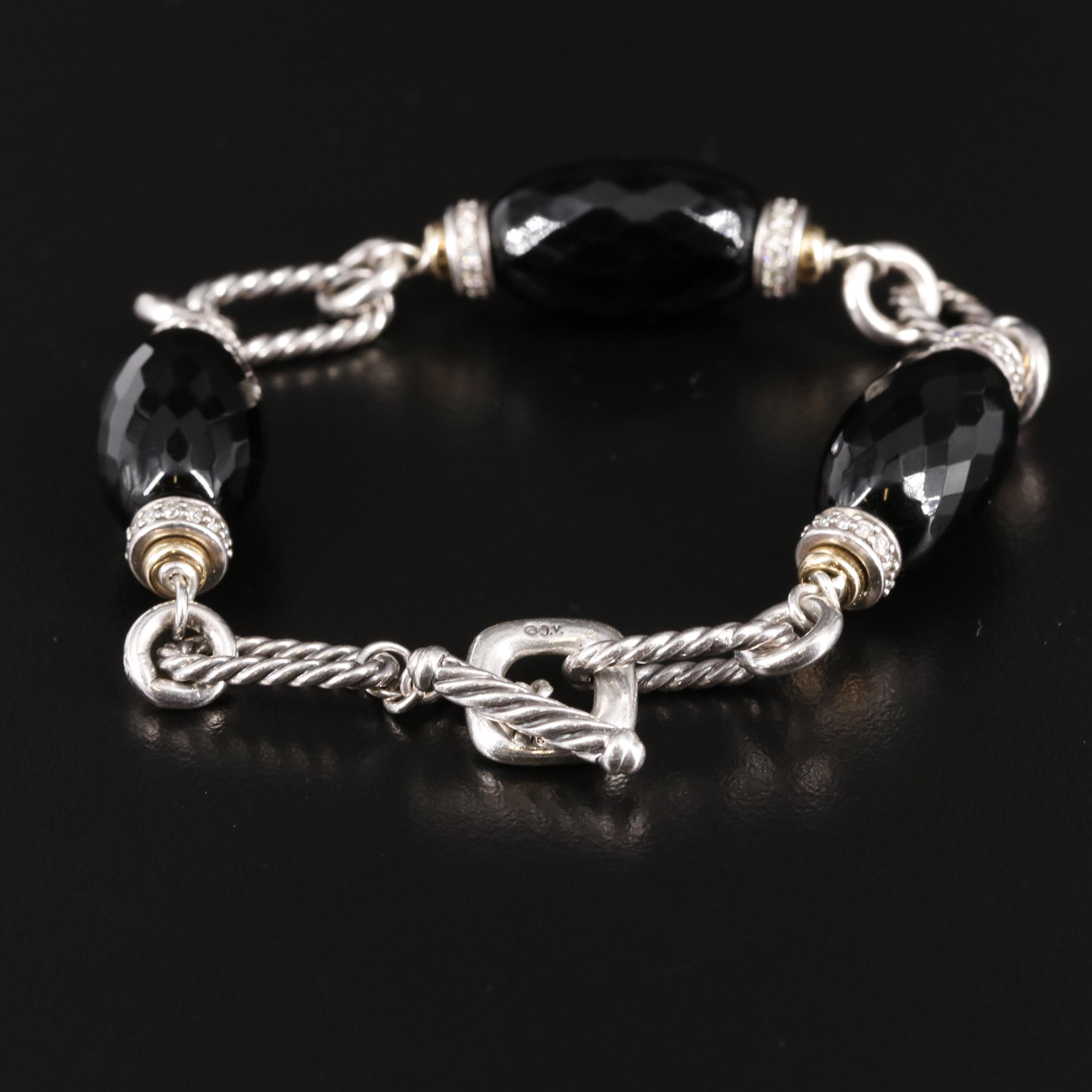 David Yurman "Figaro" Sterling Silver Onyx and Diamond Bracelet with 18K Accents