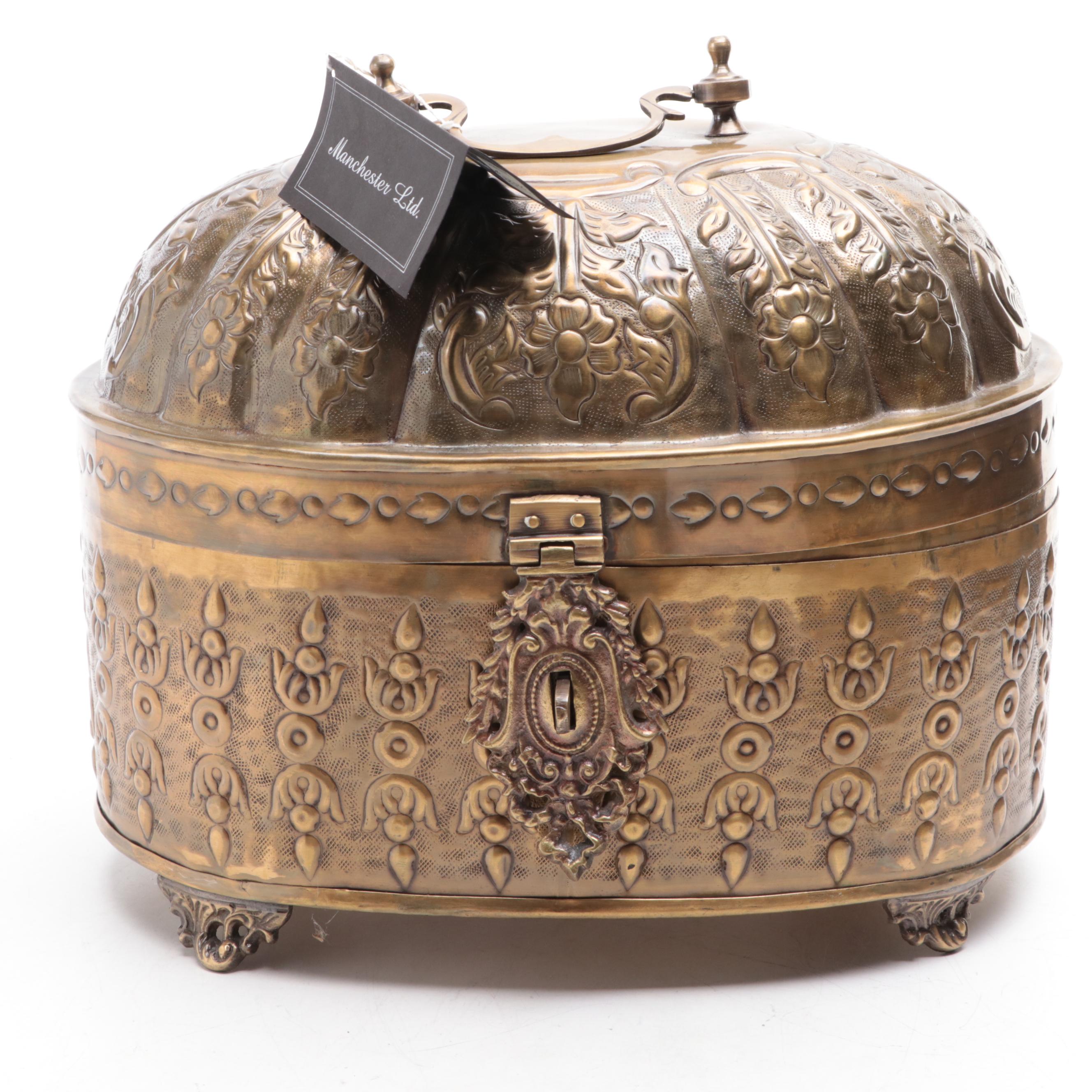 Mottahedeh Brass Rams Head Handled Planter with Other Indian Box and Dish