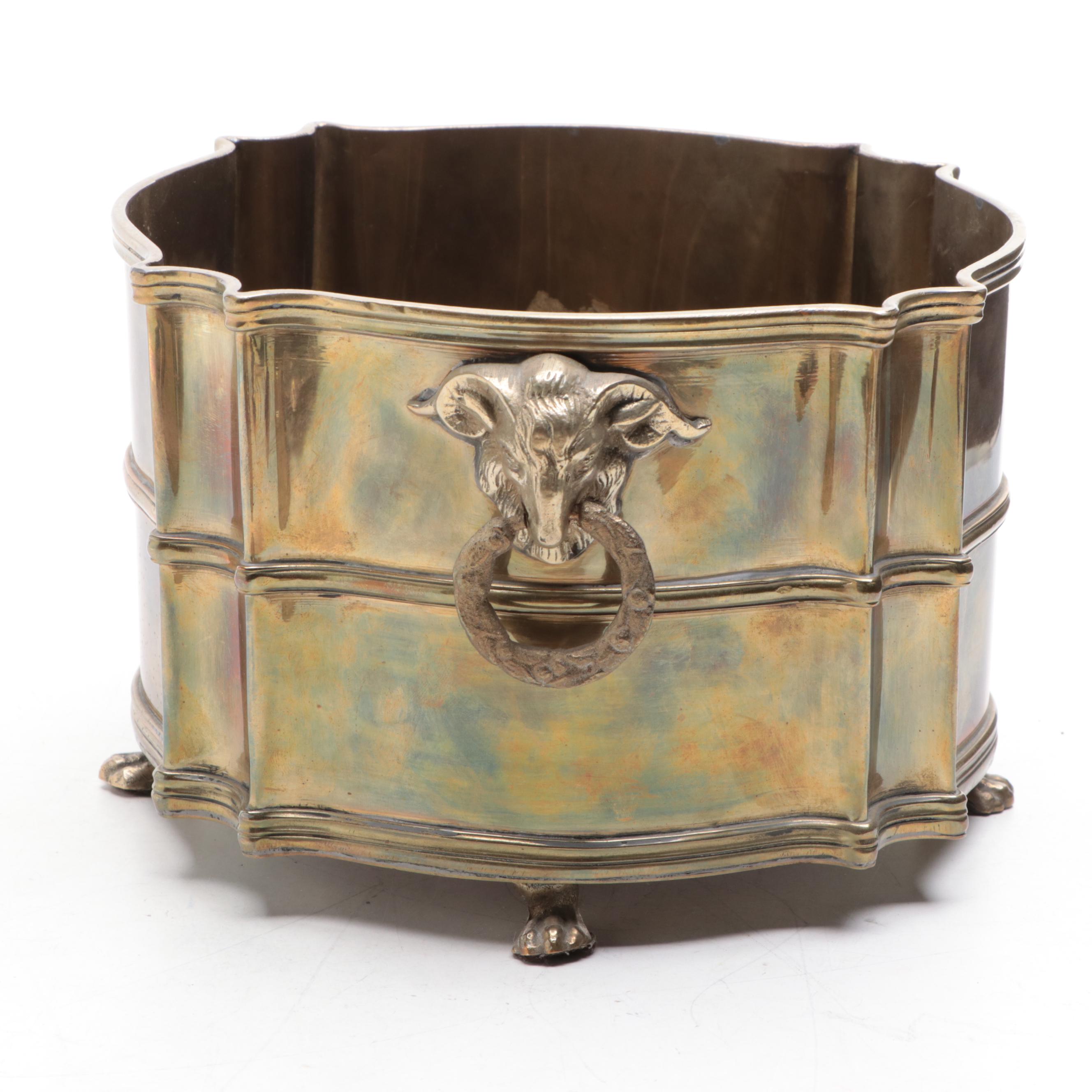 Mottahedeh Brass Rams Head Handled Planter with Other Indian Box and Dish
