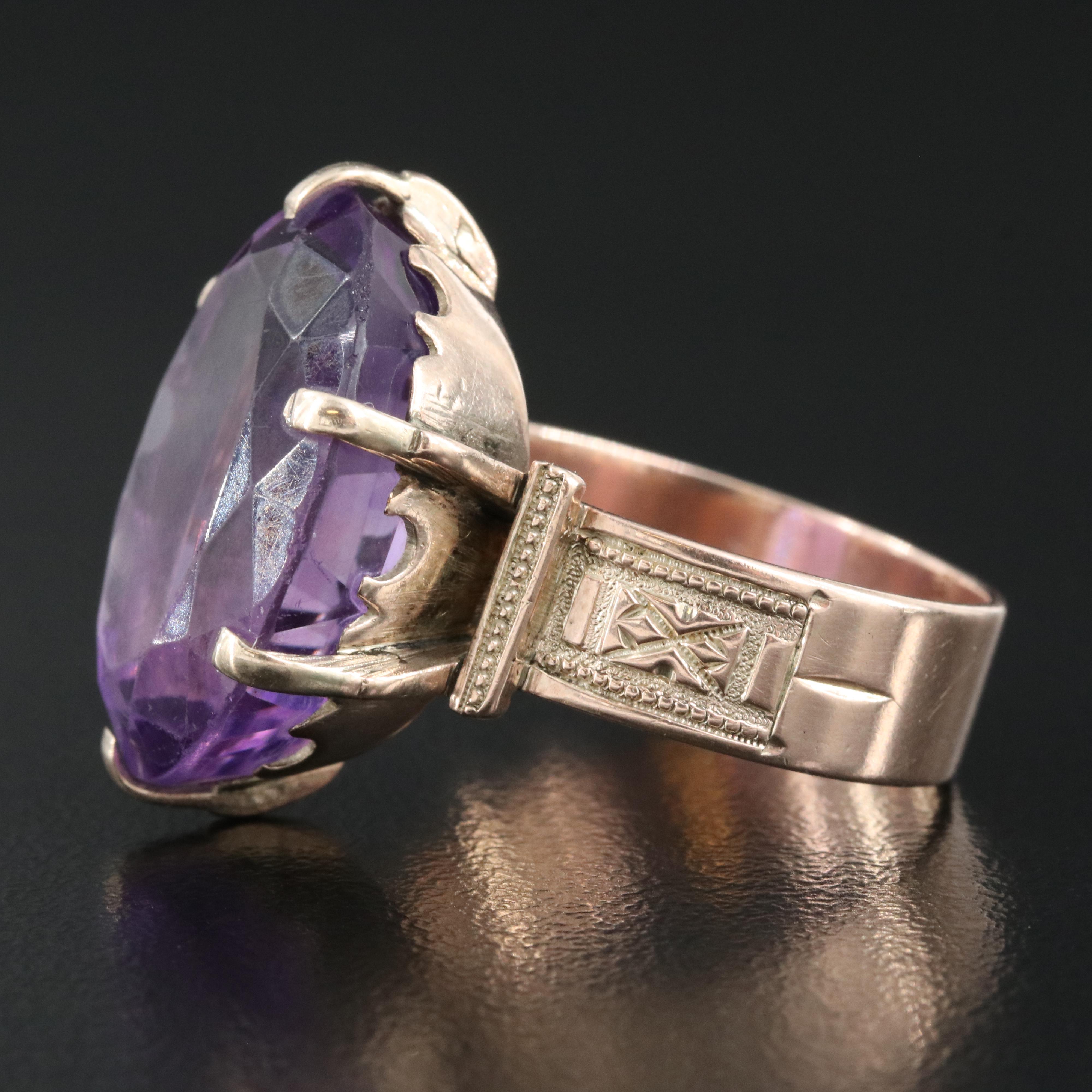 Victorian 9K Rose Gold 21.07 CT Amethyst Solitaire Ring
