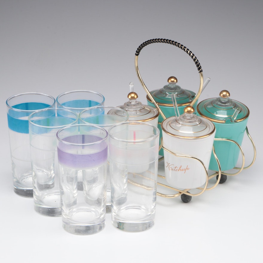 Libbey Glass Color Banded Glass Tumblers with Other Condiment Jars in Caddy
