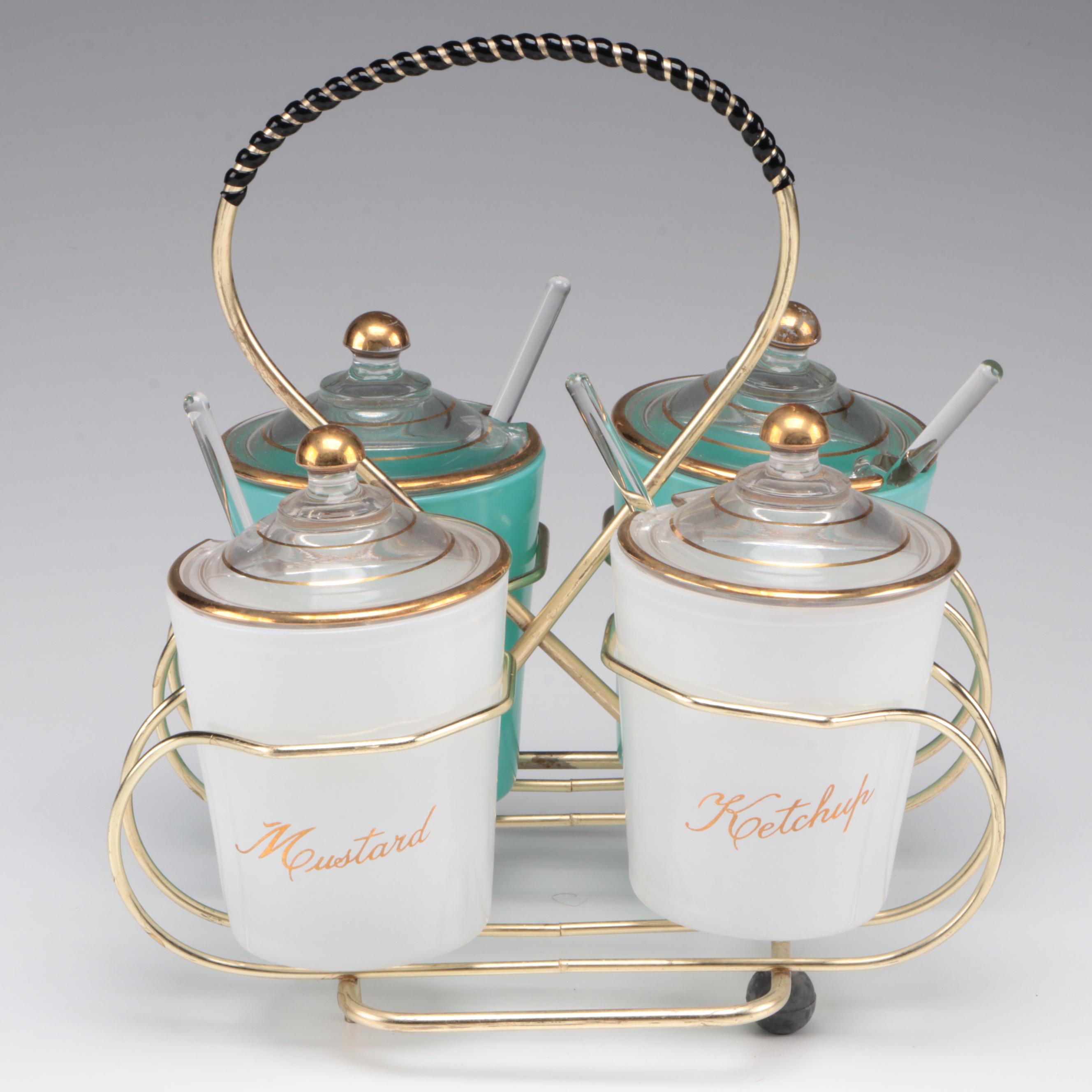 Libbey Glass Color Banded Glass Tumblers with Other Condiment Jars in Caddy