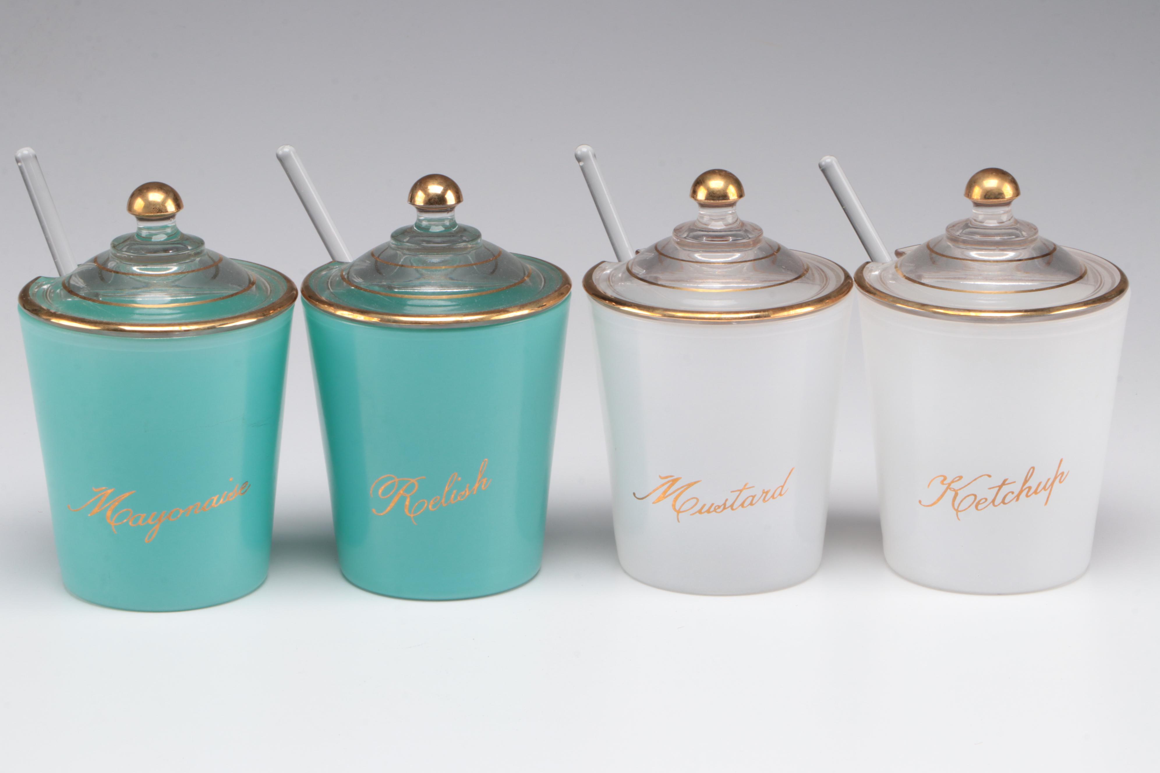 Libbey Glass Color Banded Glass Tumblers with Other Condiment Jars in Caddy