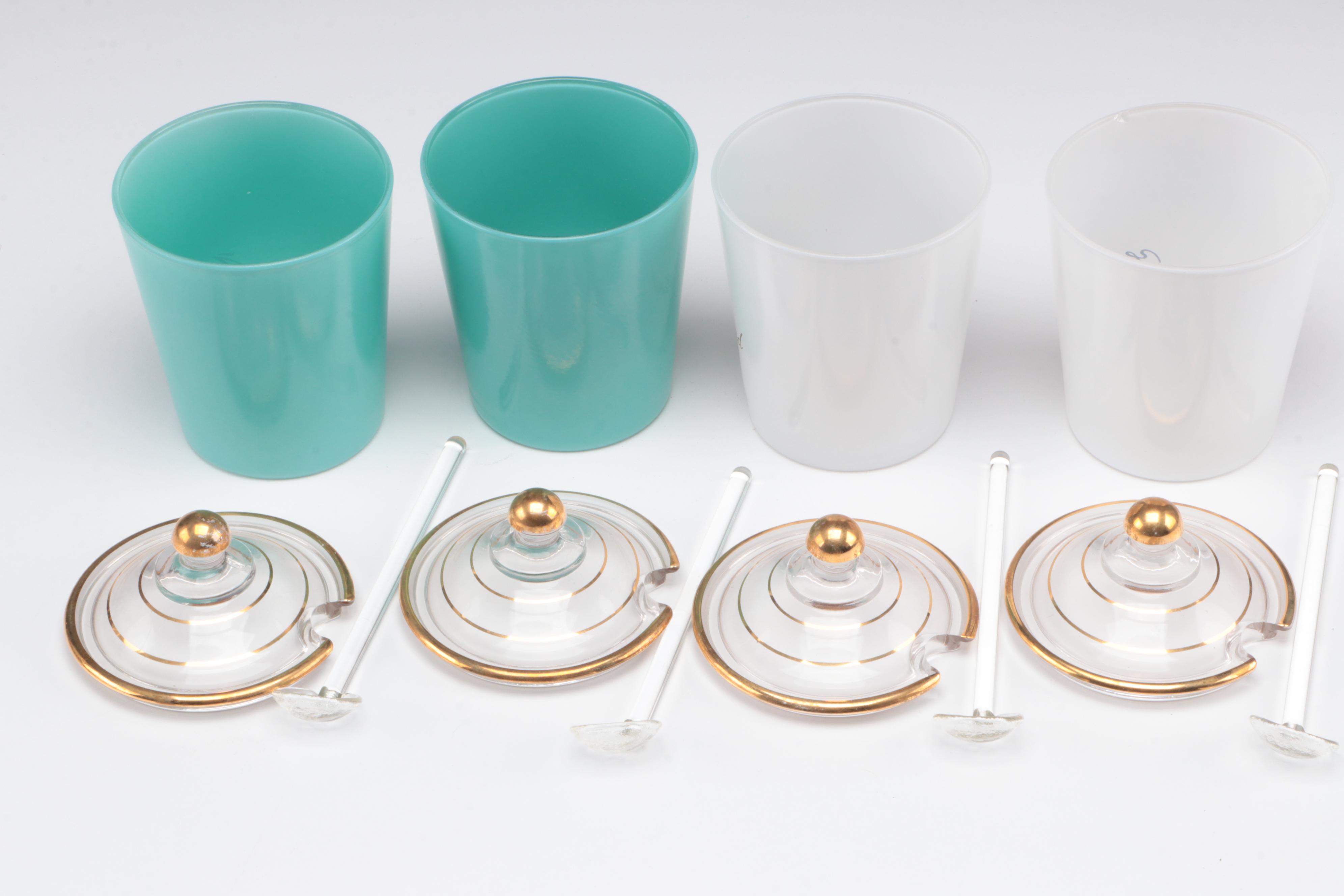 Libbey Glass Color Banded Glass Tumblers with Other Condiment Jars in Caddy