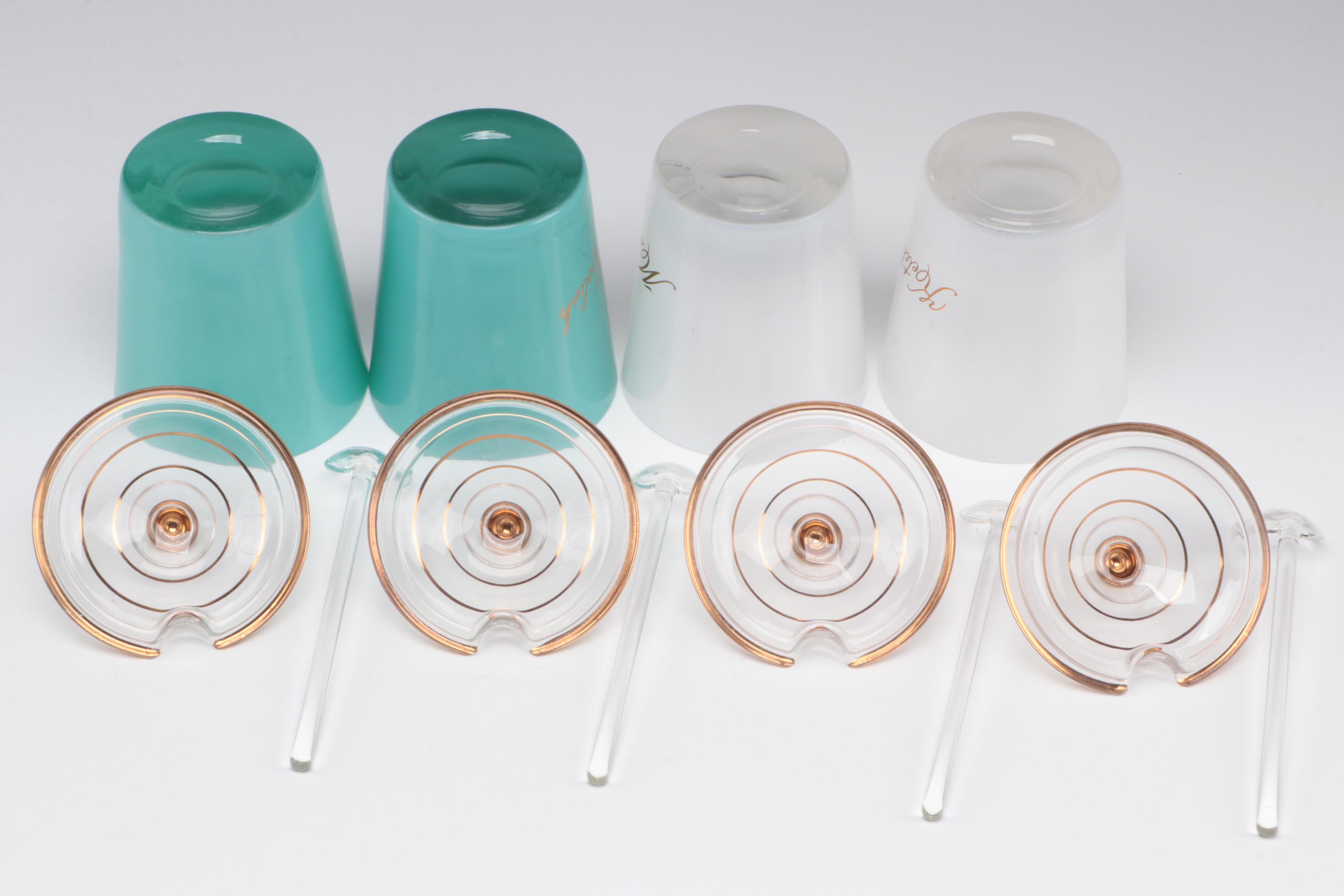 Libbey Glass Color Banded Glass Tumblers with Other Condiment Jars in Caddy