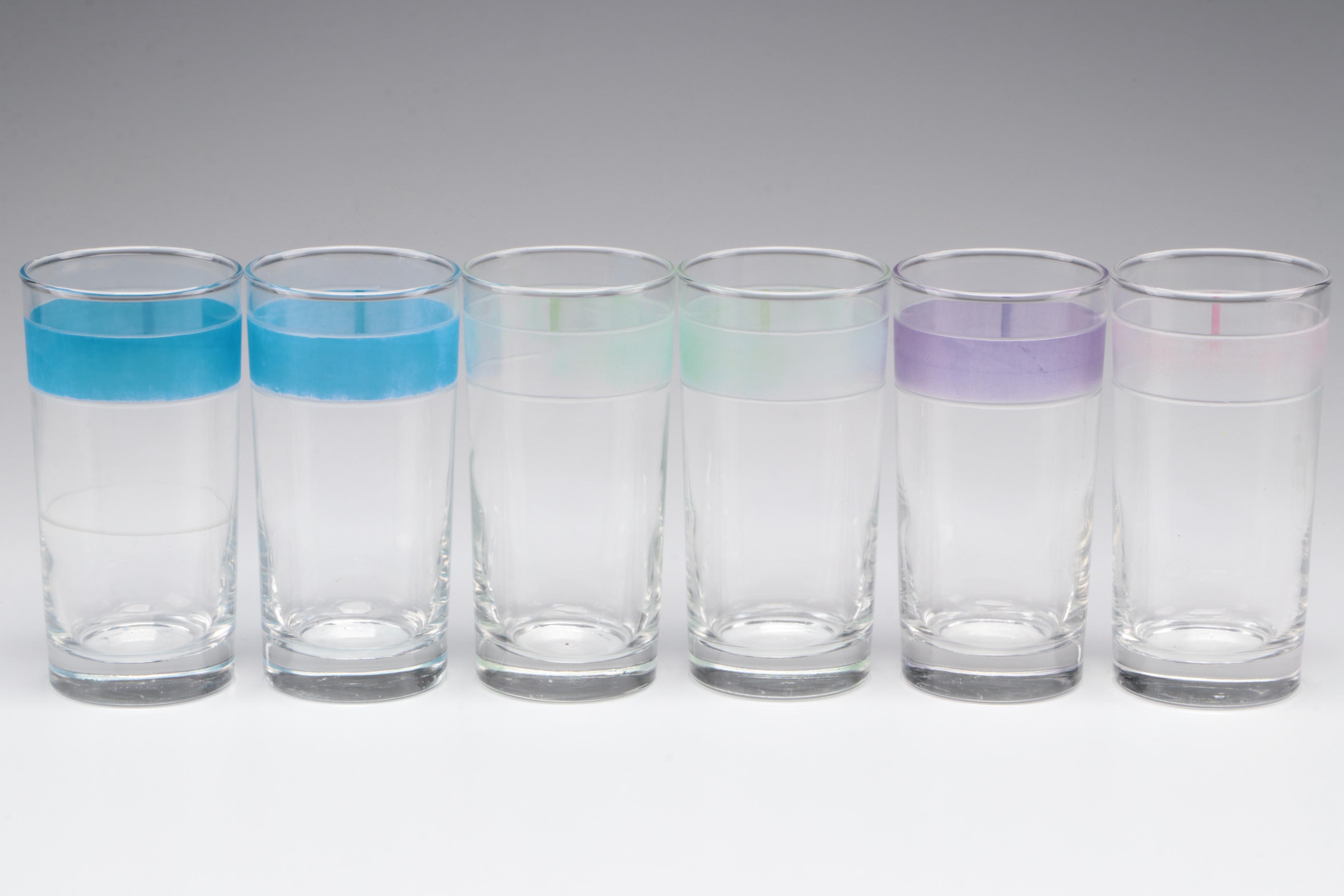 Libbey Glass Color Banded Glass Tumblers with Other Condiment Jars in Caddy