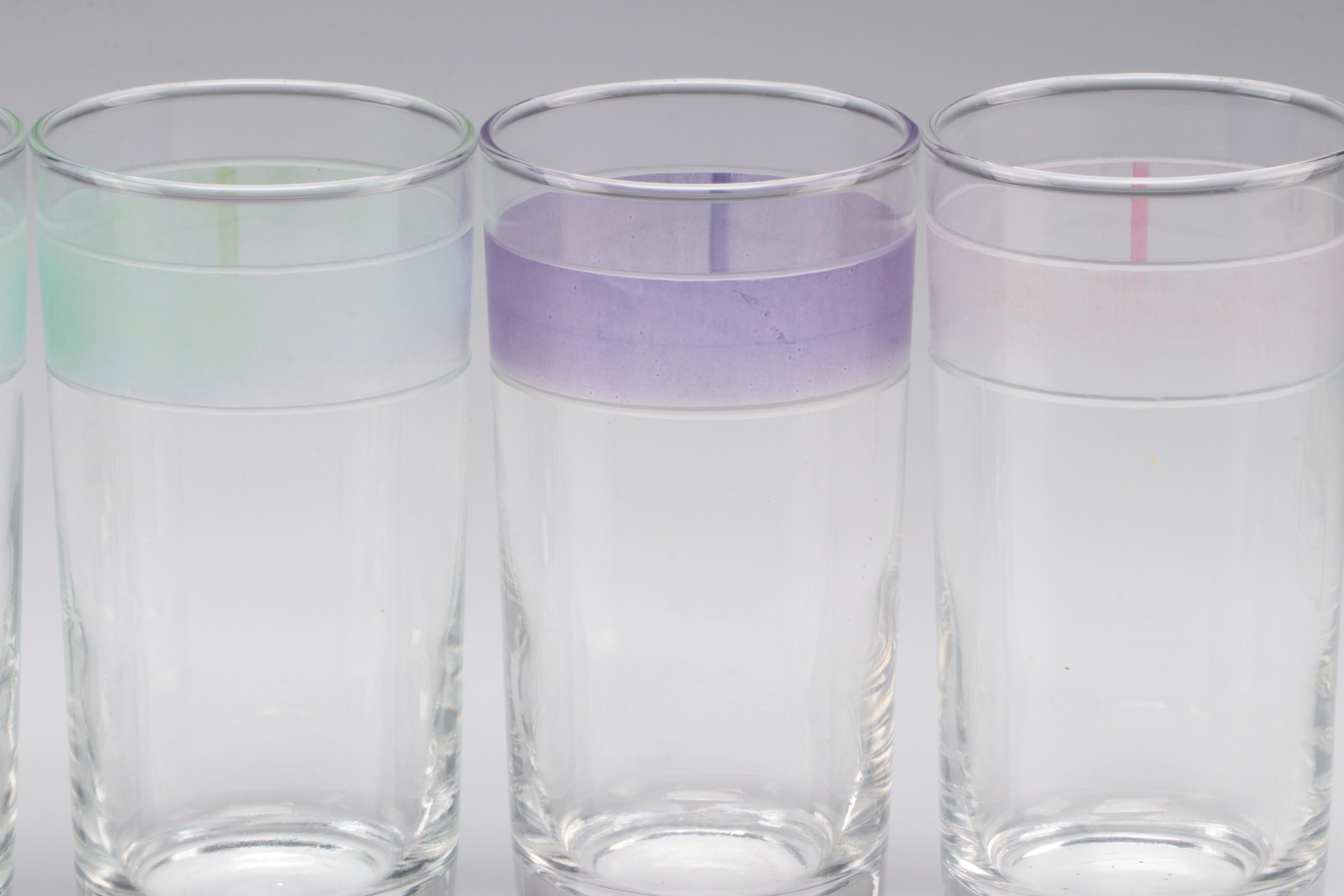 Libbey Glass Color Banded Glass Tumblers with Other Condiment Jars in Caddy