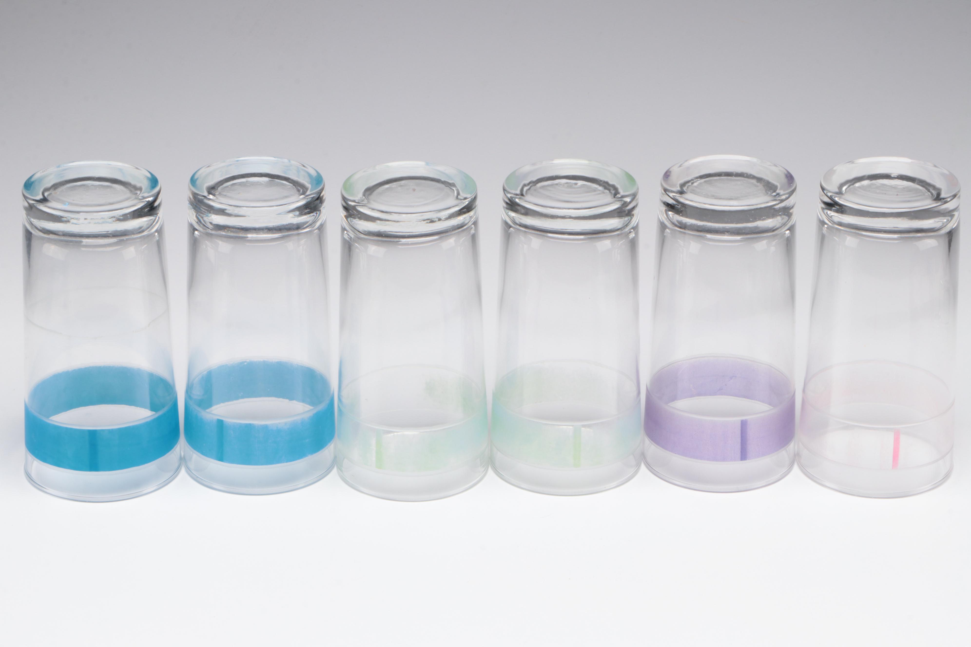 Libbey Glass Color Banded Glass Tumblers with Other Condiment Jars in Caddy