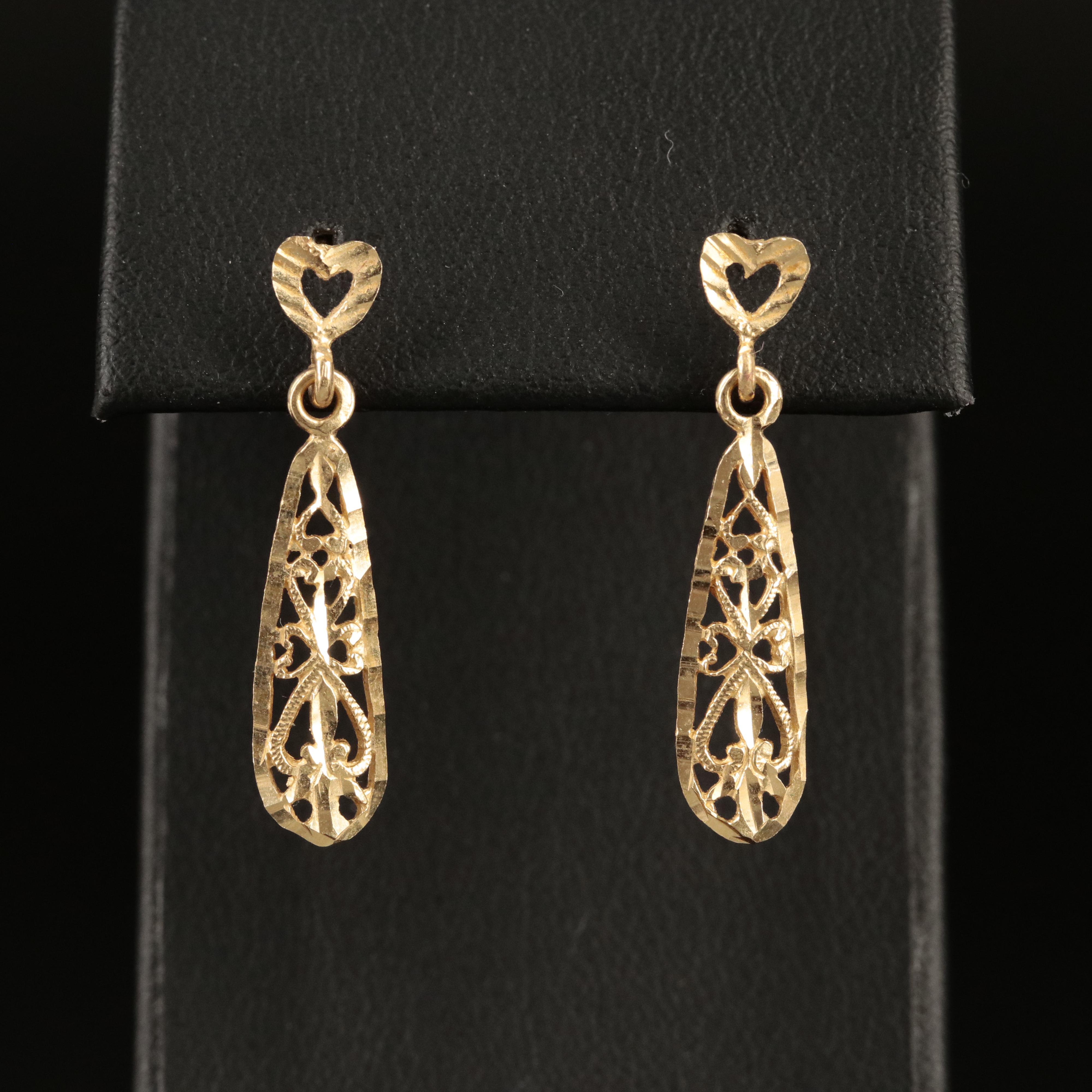 14K Openwork Heart Drop Earrings