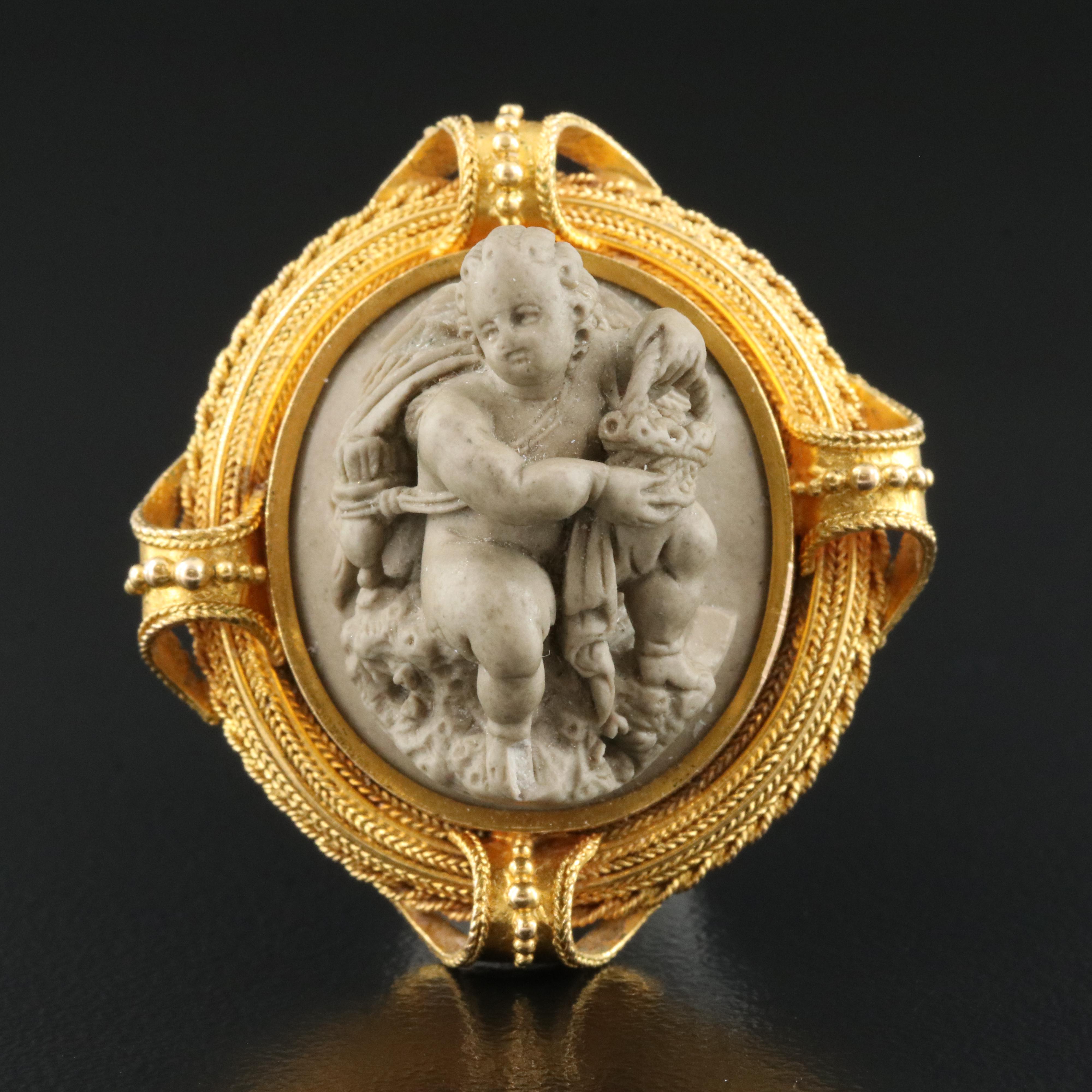 Etruscan Revival 14K Lava Cupid Brooch