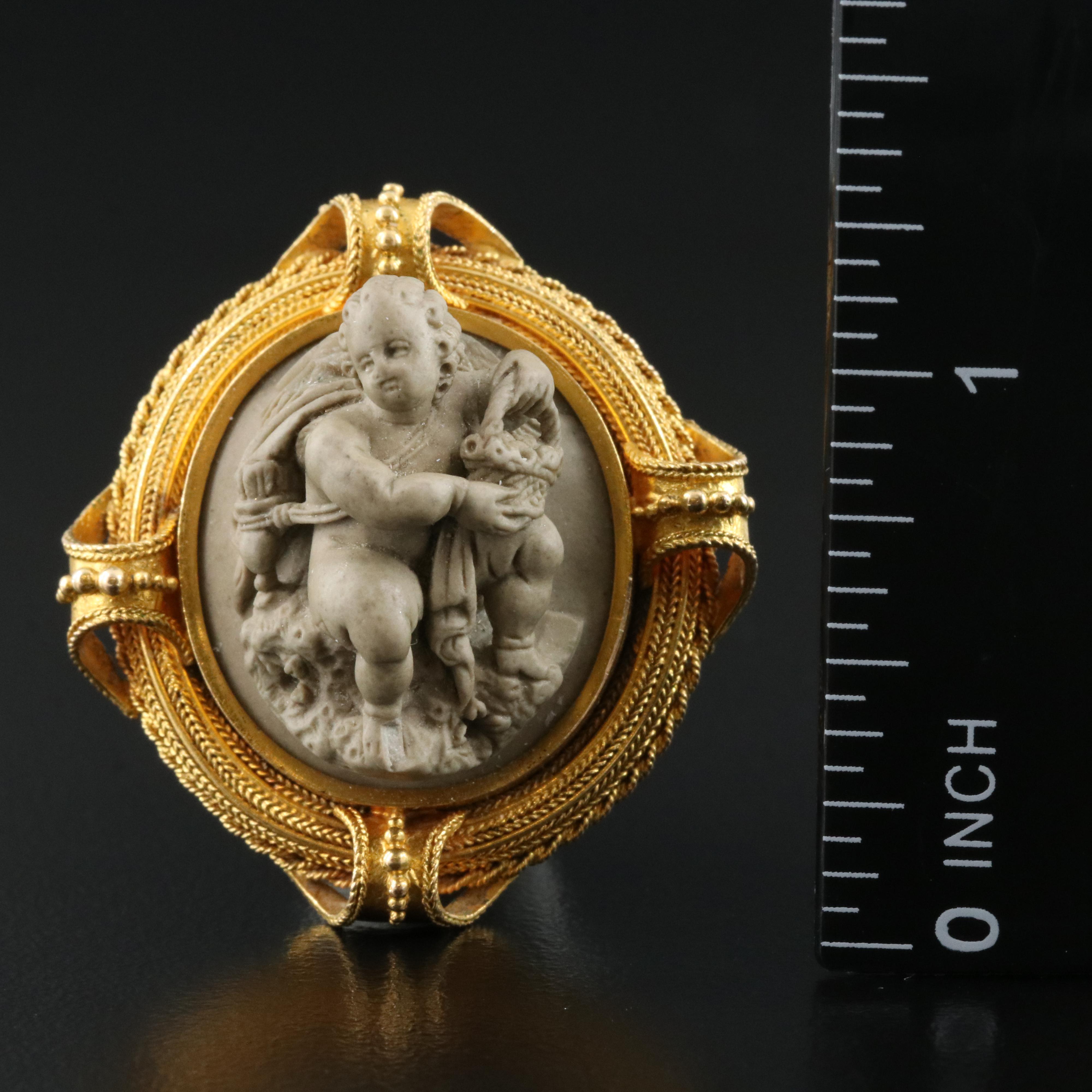 Etruscan Revival 14K Lava Cupid Brooch