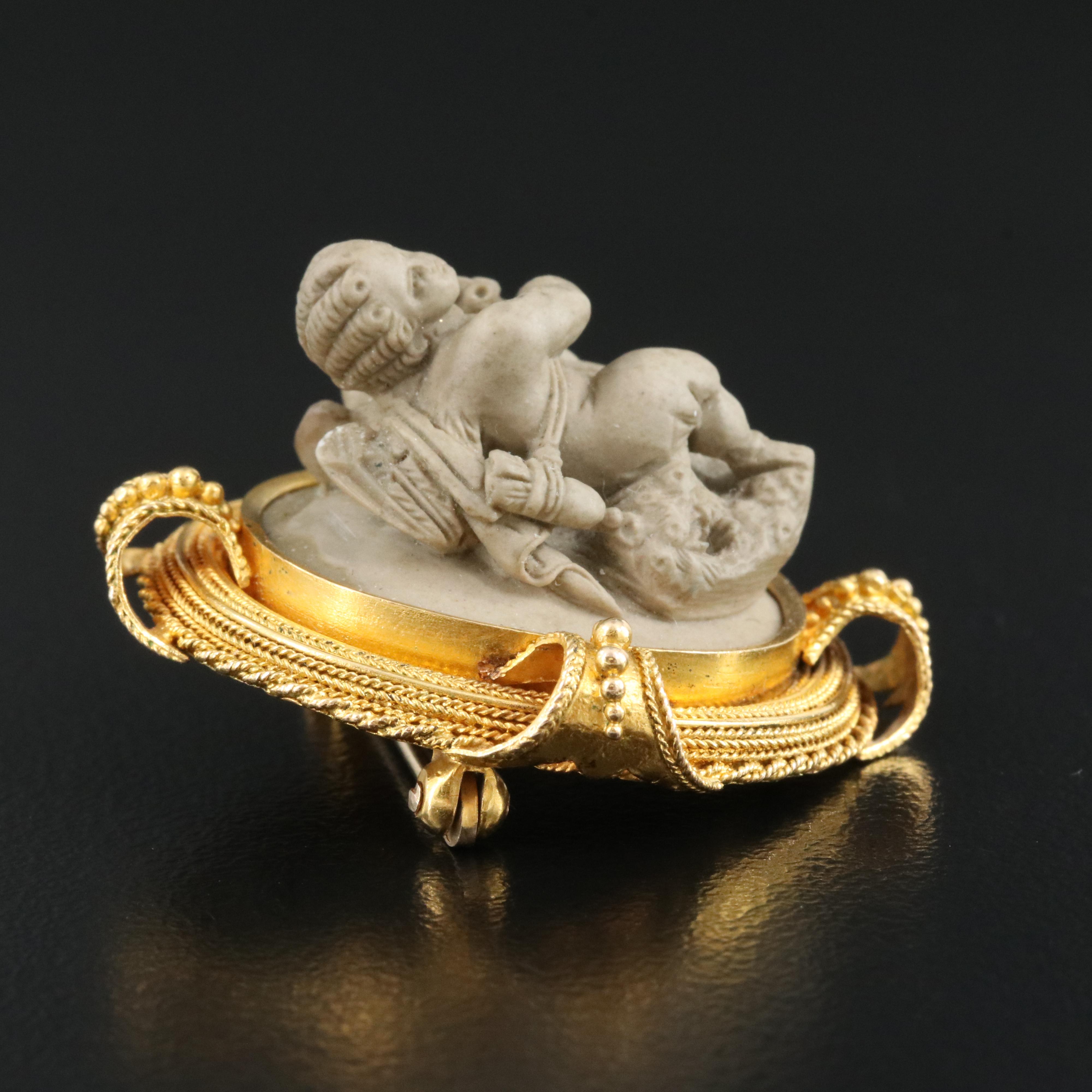 Etruscan Revival 14K Lava Cupid Brooch