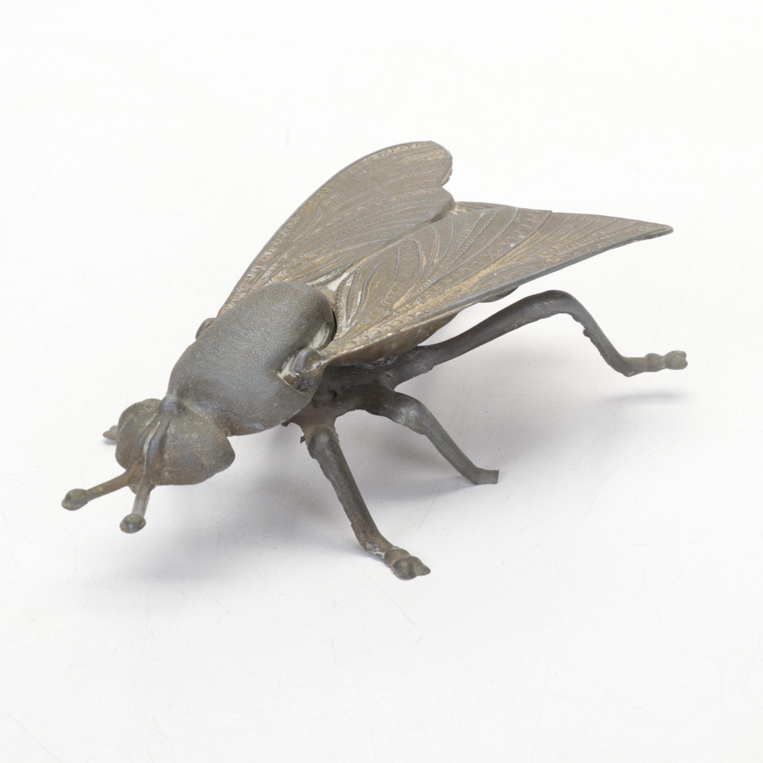 Brass and Metal Fly Ashtray with Brass Parrot Figurines and Pineapple Urns