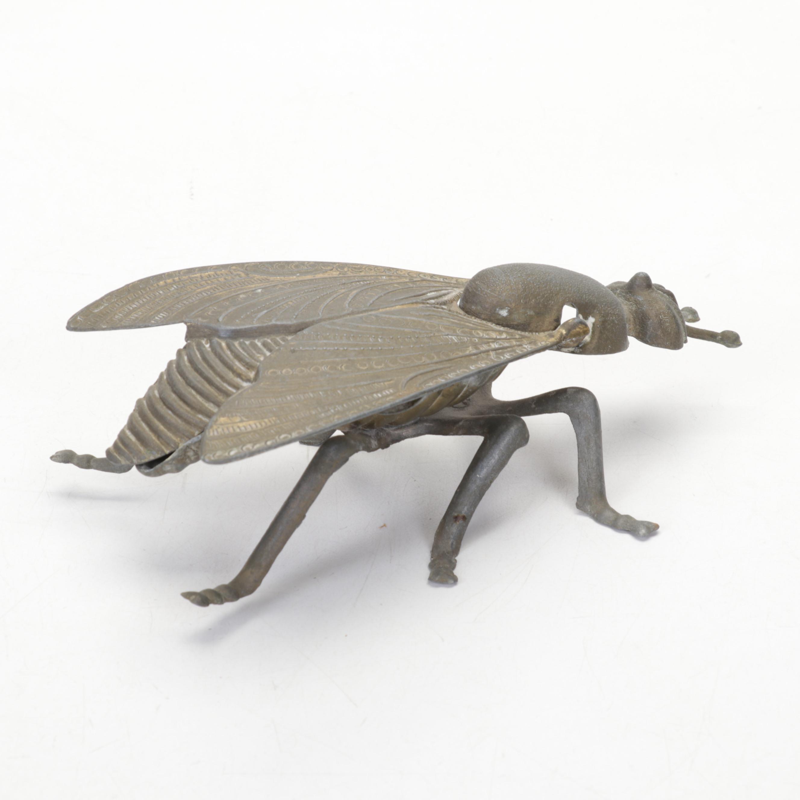 Brass and Metal Fly Ashtray with Brass Parrot Figurines and Pineapple Urns