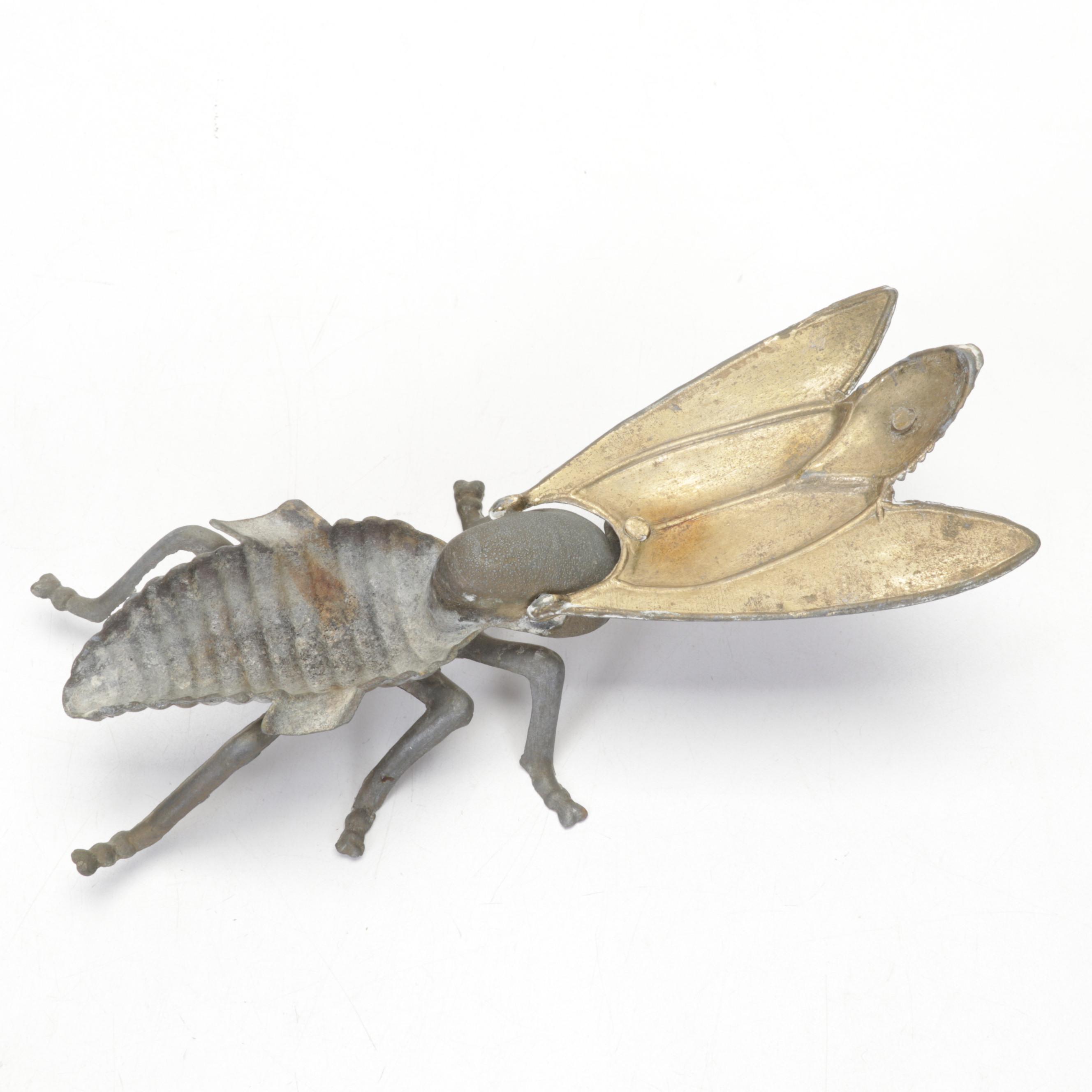 Brass and Metal Fly Ashtray with Brass Parrot Figurines and Pineapple Urns