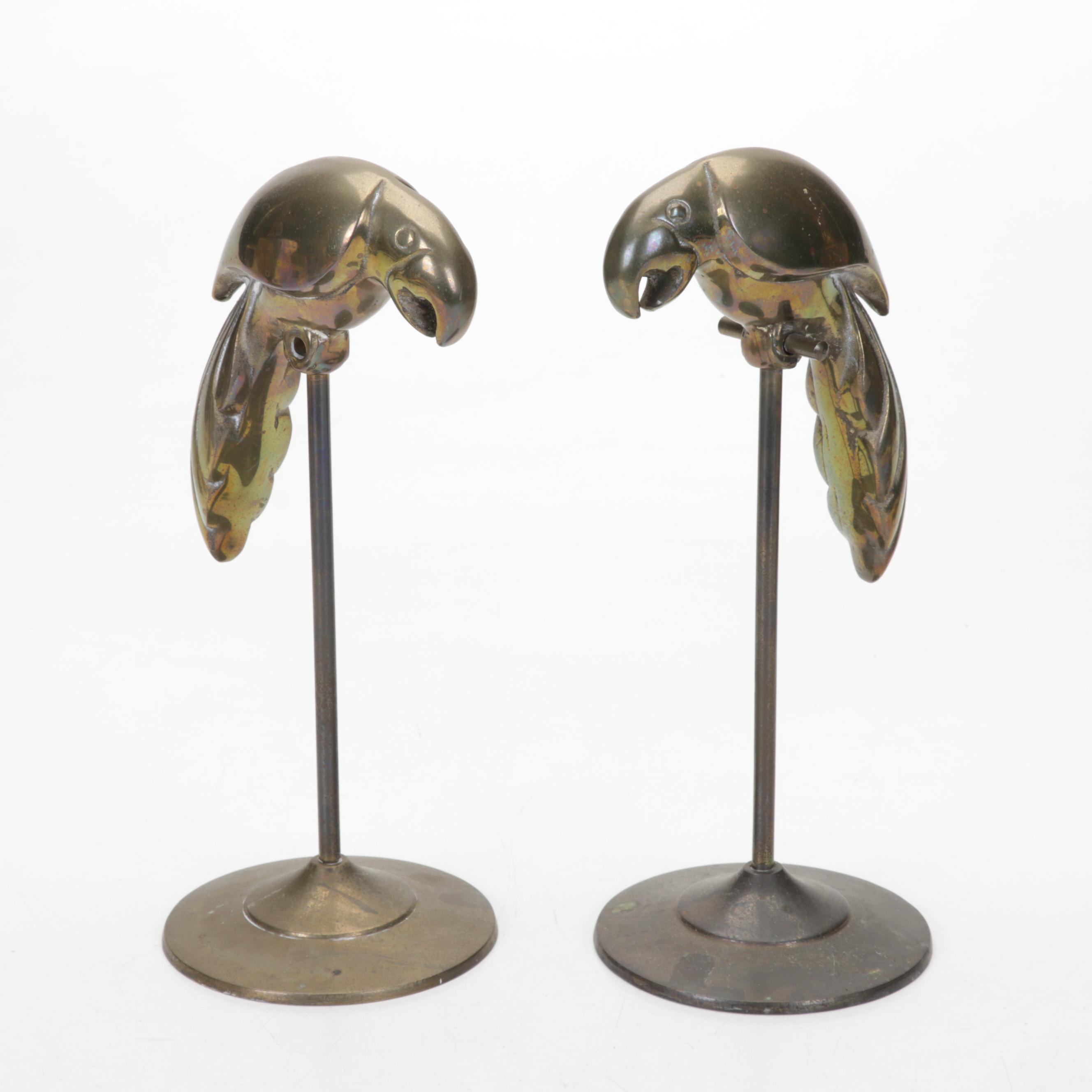 Brass and Metal Fly Ashtray with Brass Parrot Figurines and Pineapple Urns