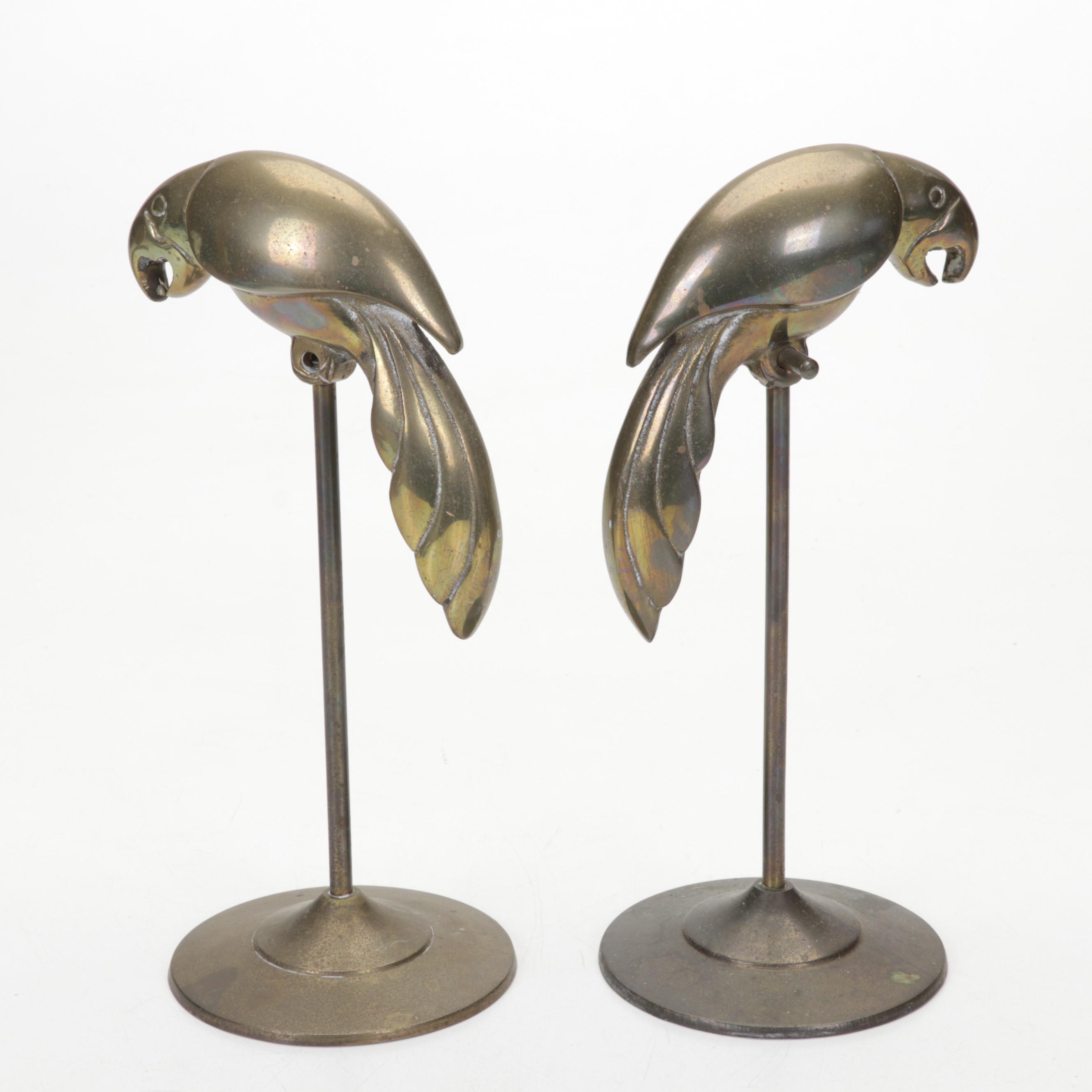 Brass and Metal Fly Ashtray with Brass Parrot Figurines and Pineapple Urns