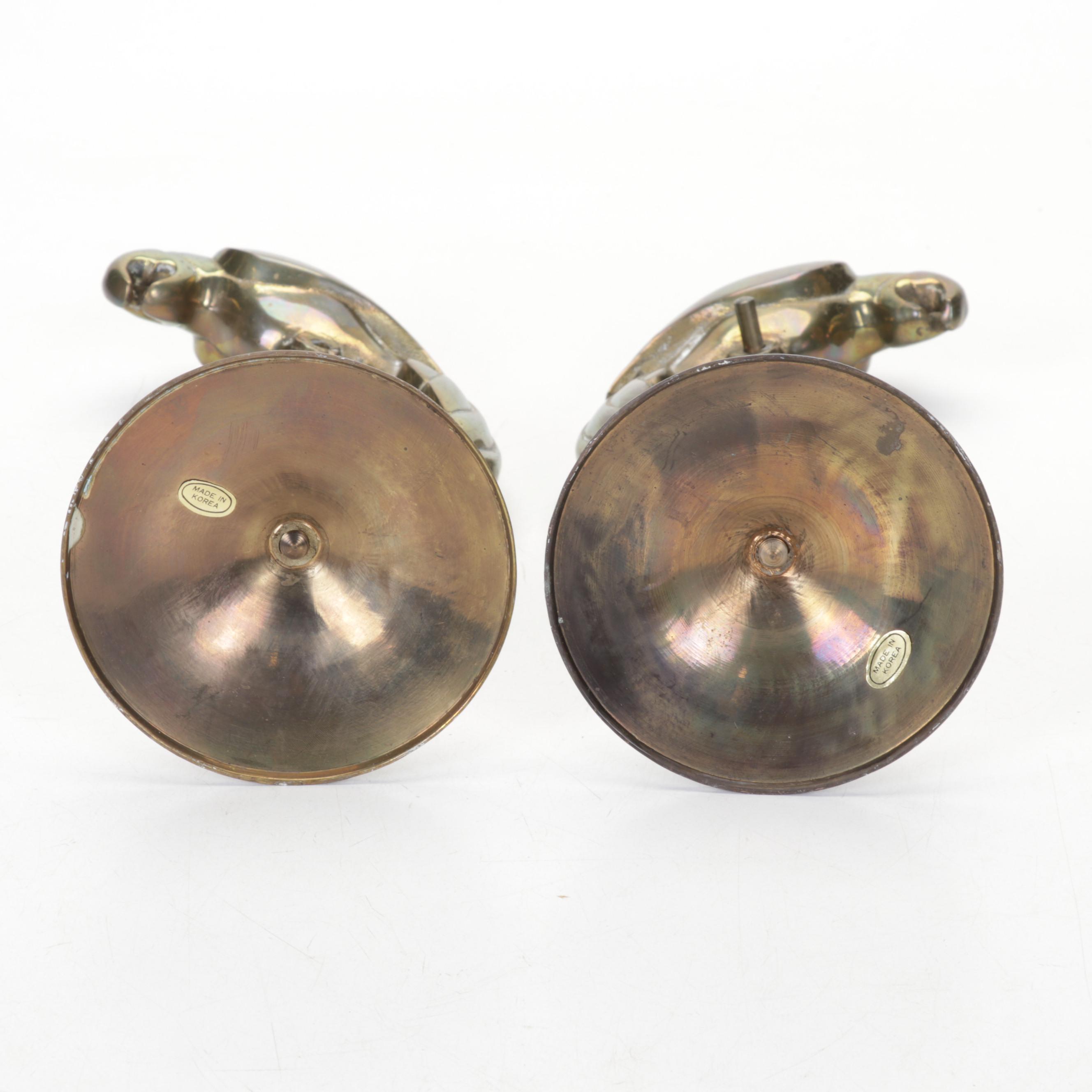 Brass and Metal Fly Ashtray with Brass Parrot Figurines and Pineapple Urns