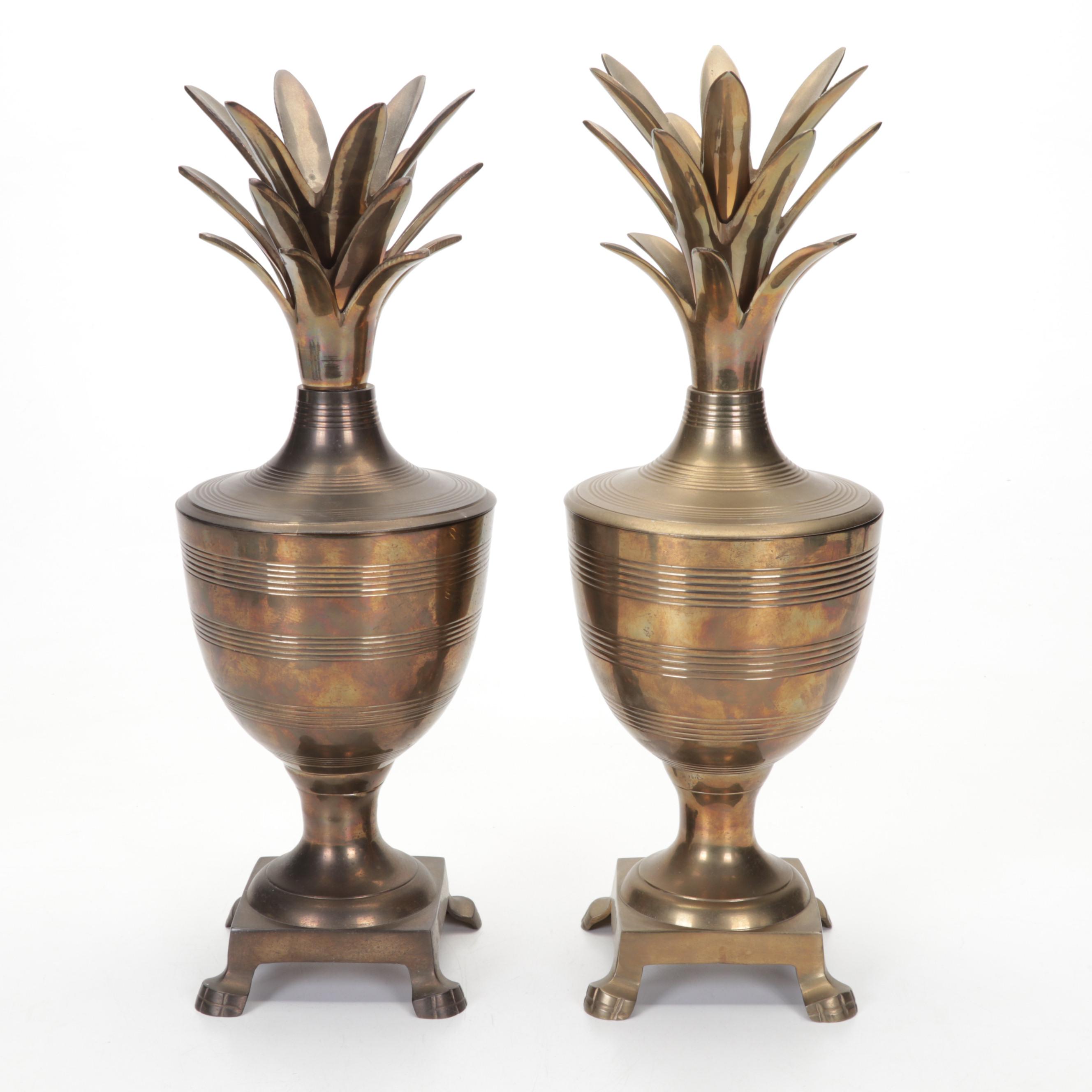 Brass and Metal Fly Ashtray with Brass Parrot Figurines and Pineapple Urns