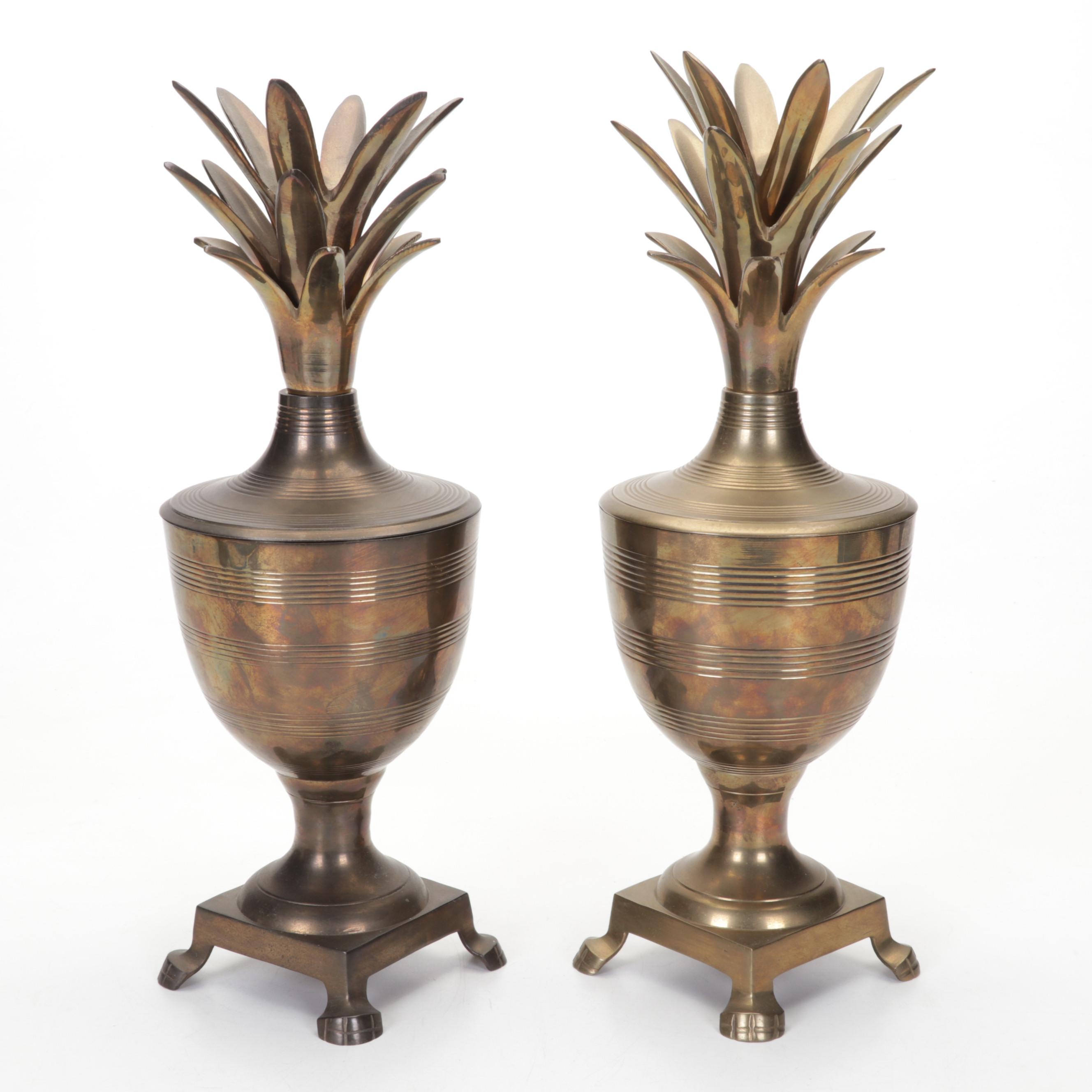 Brass and Metal Fly Ashtray with Brass Parrot Figurines and Pineapple Urns