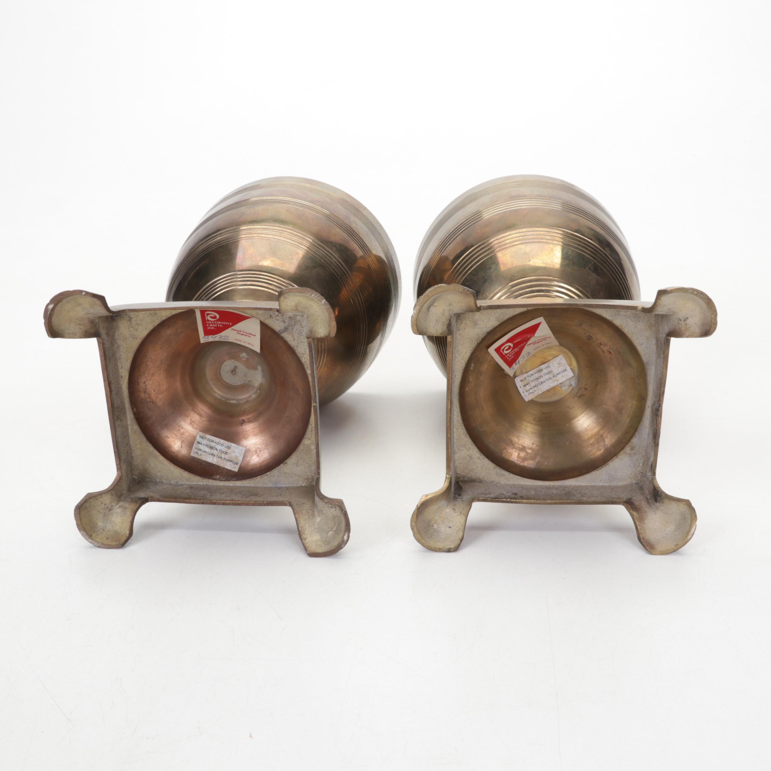 Brass and Metal Fly Ashtray with Brass Parrot Figurines and Pineapple Urns