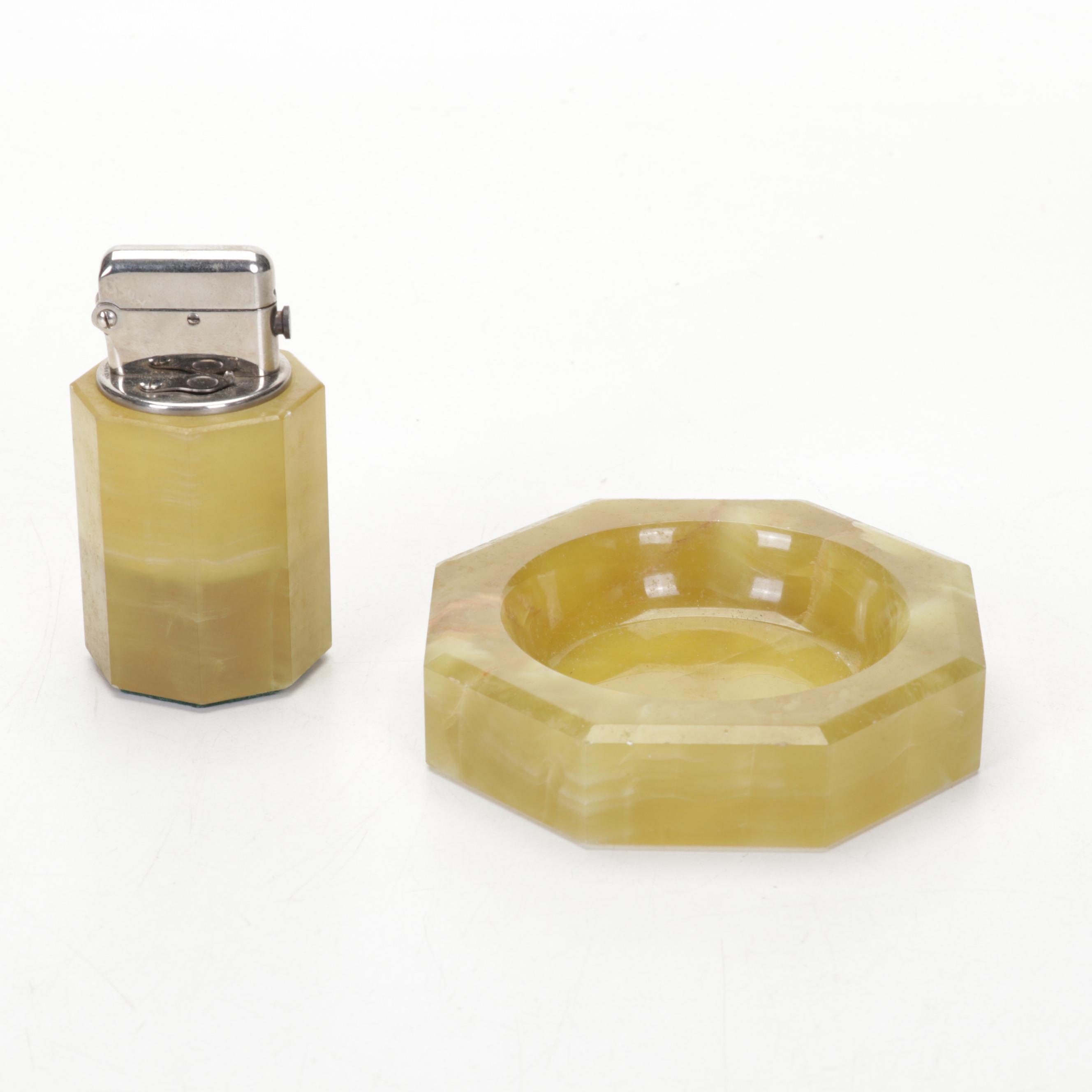 Kronheim & Oldenbusch Bronze Horse Ashtray,  Green Banded Calcite Desk Décor