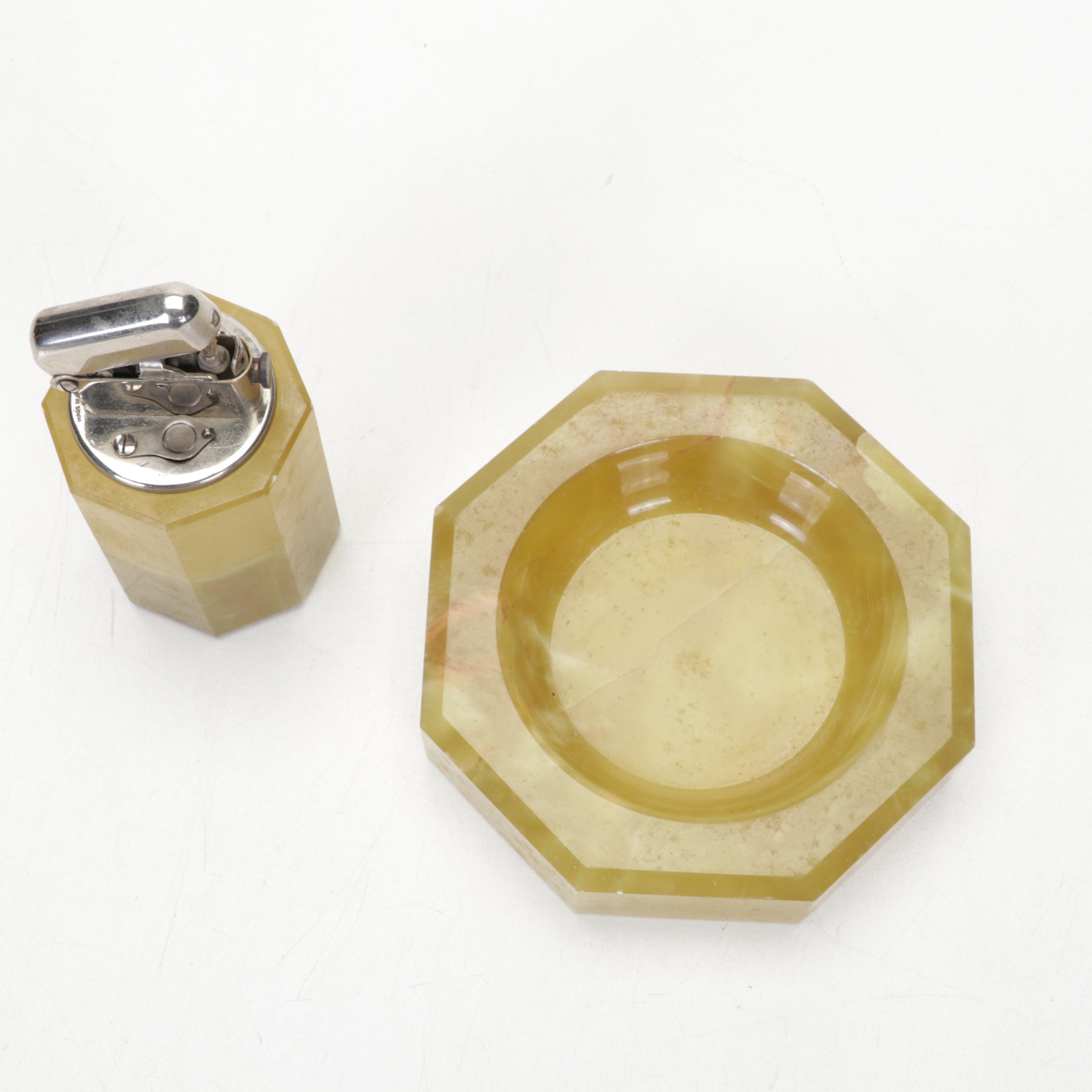 Kronheim & Oldenbusch Bronze Horse Ashtray,  Green Banded Calcite Desk Décor