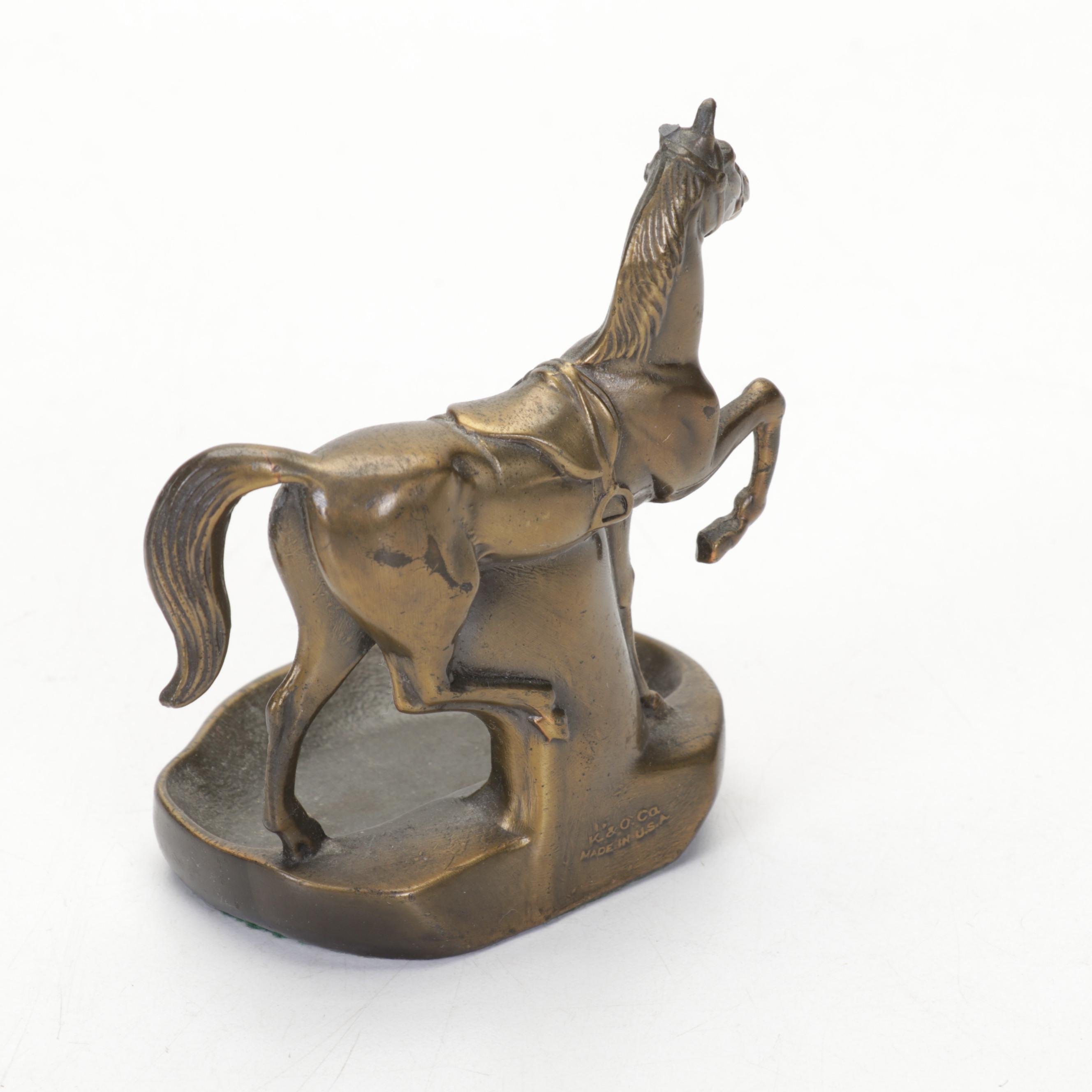Kronheim & Oldenbusch Bronze Horse Ashtray,  Green Banded Calcite Desk Décor