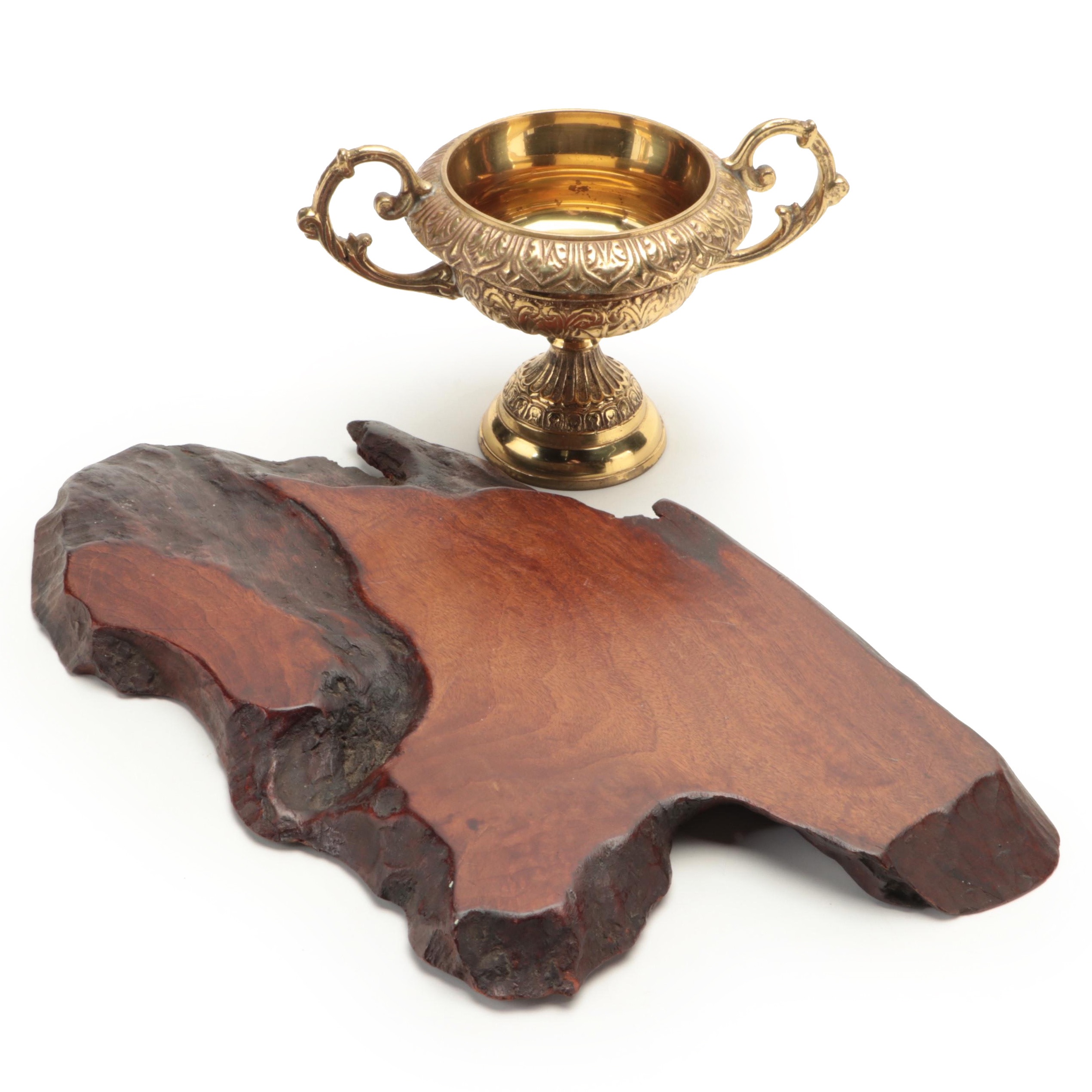Indian Cast Brass Tazza with Polished Wood Slab