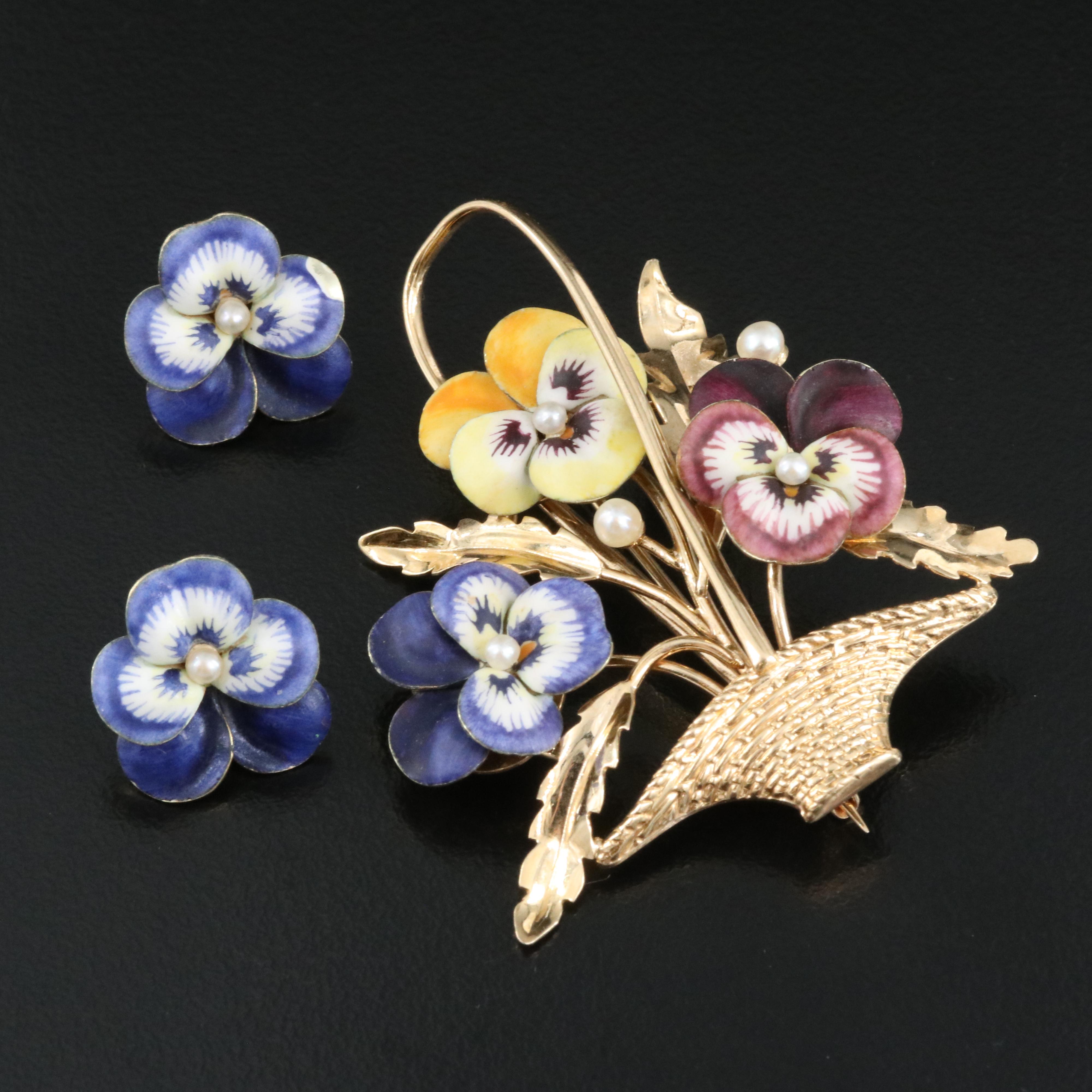 Vintage 14K AJ Hedges & Co 18K Pansy Earrings with 14K Pansy Brooch
