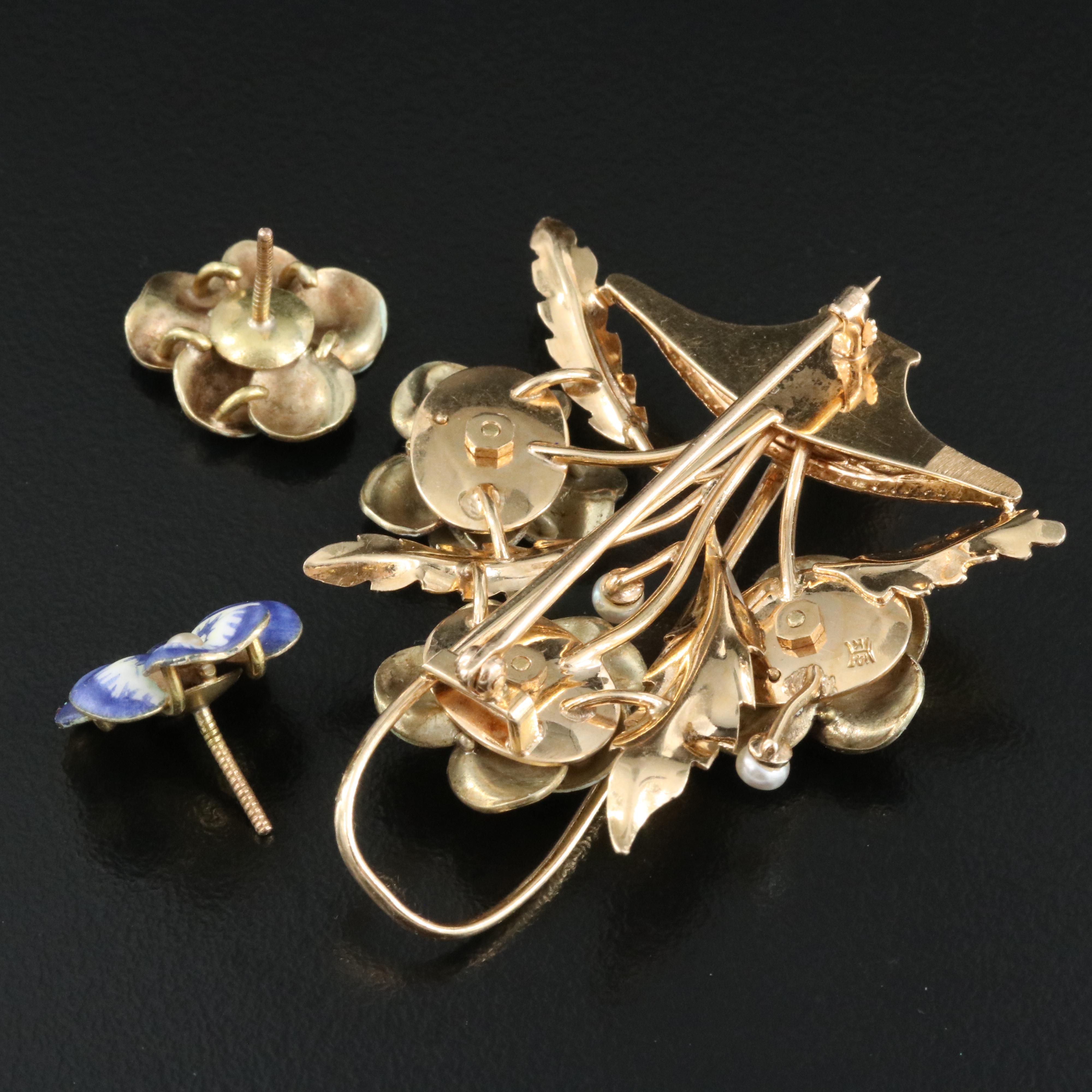 Vintage 14K AJ Hedges & Co 18K Pansy Earrings with 14K Pansy Brooch