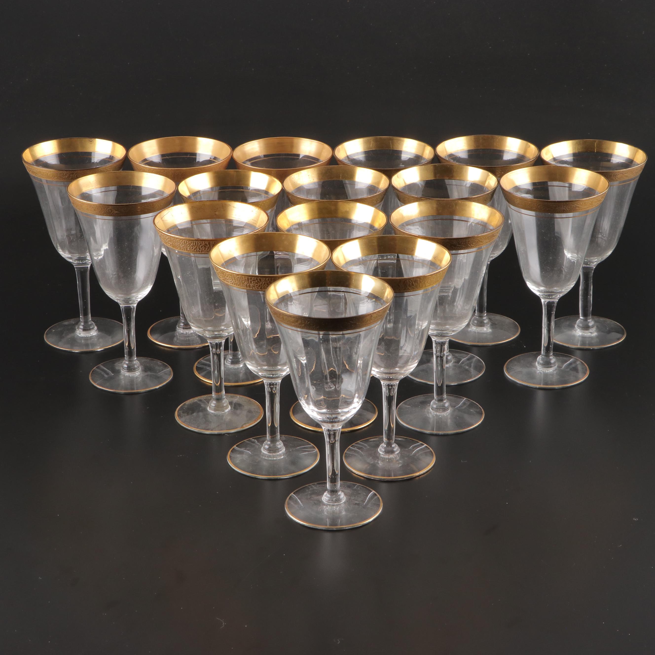 Tiffin-Franciscan Gilt Encrusted Rimmed Optic Glass Stemware