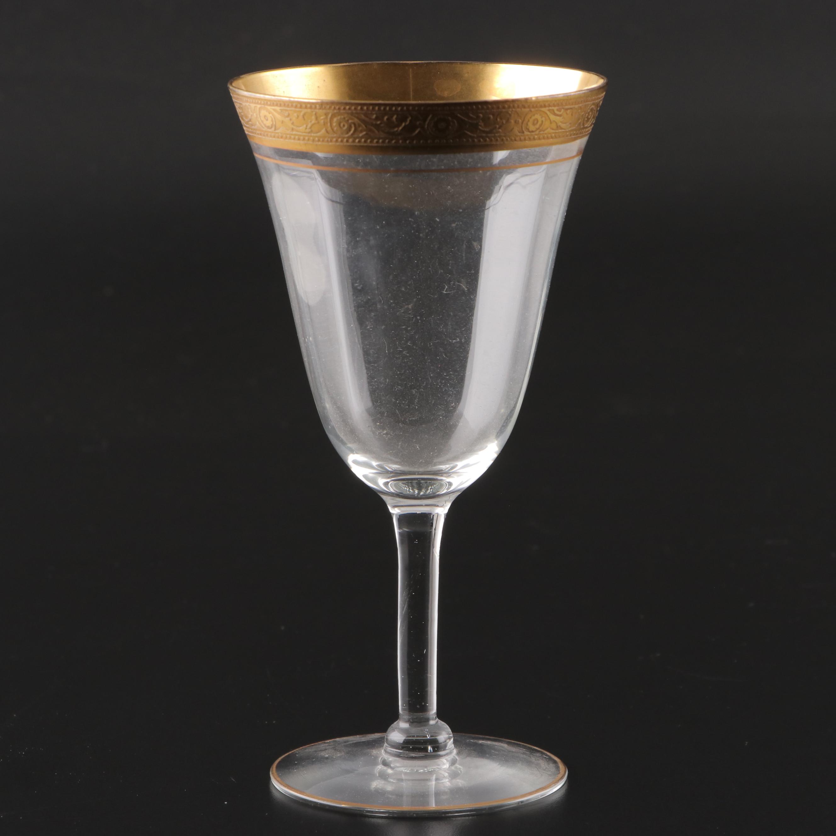 Tiffin-Franciscan Gilt Encrusted Rimmed Optic Glass Stemware