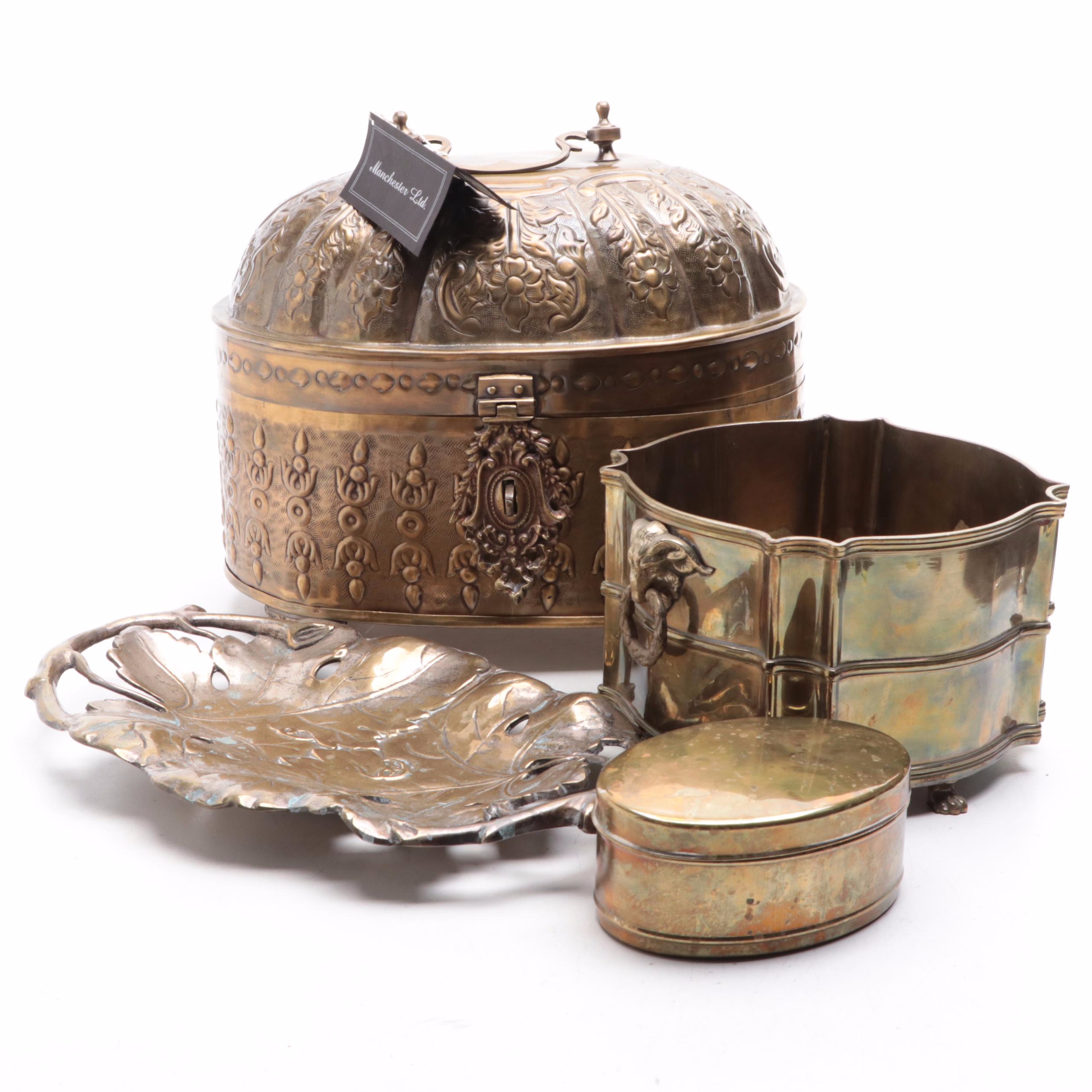 Mottahedeh Brass Rams Head Handled Planter with Other Indian Box and Dish