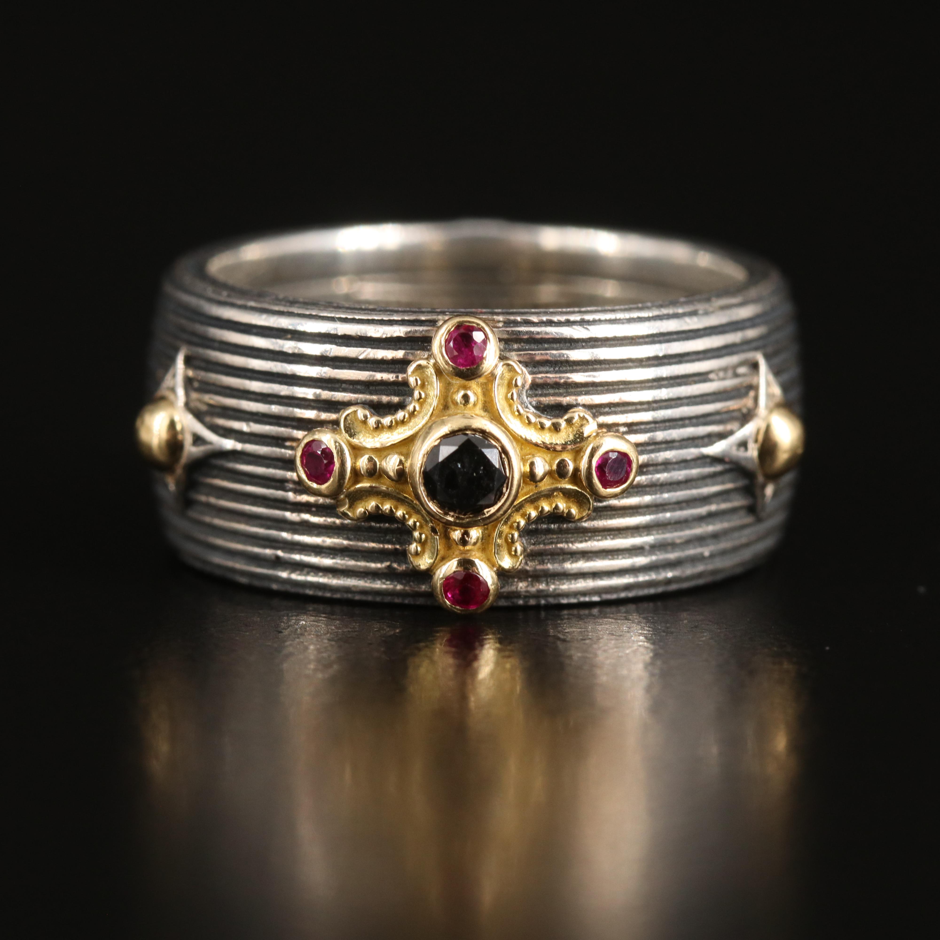 Konstantino "Delos" Sterling Black Diamond and Ruby Cigar Band with 18K Accents