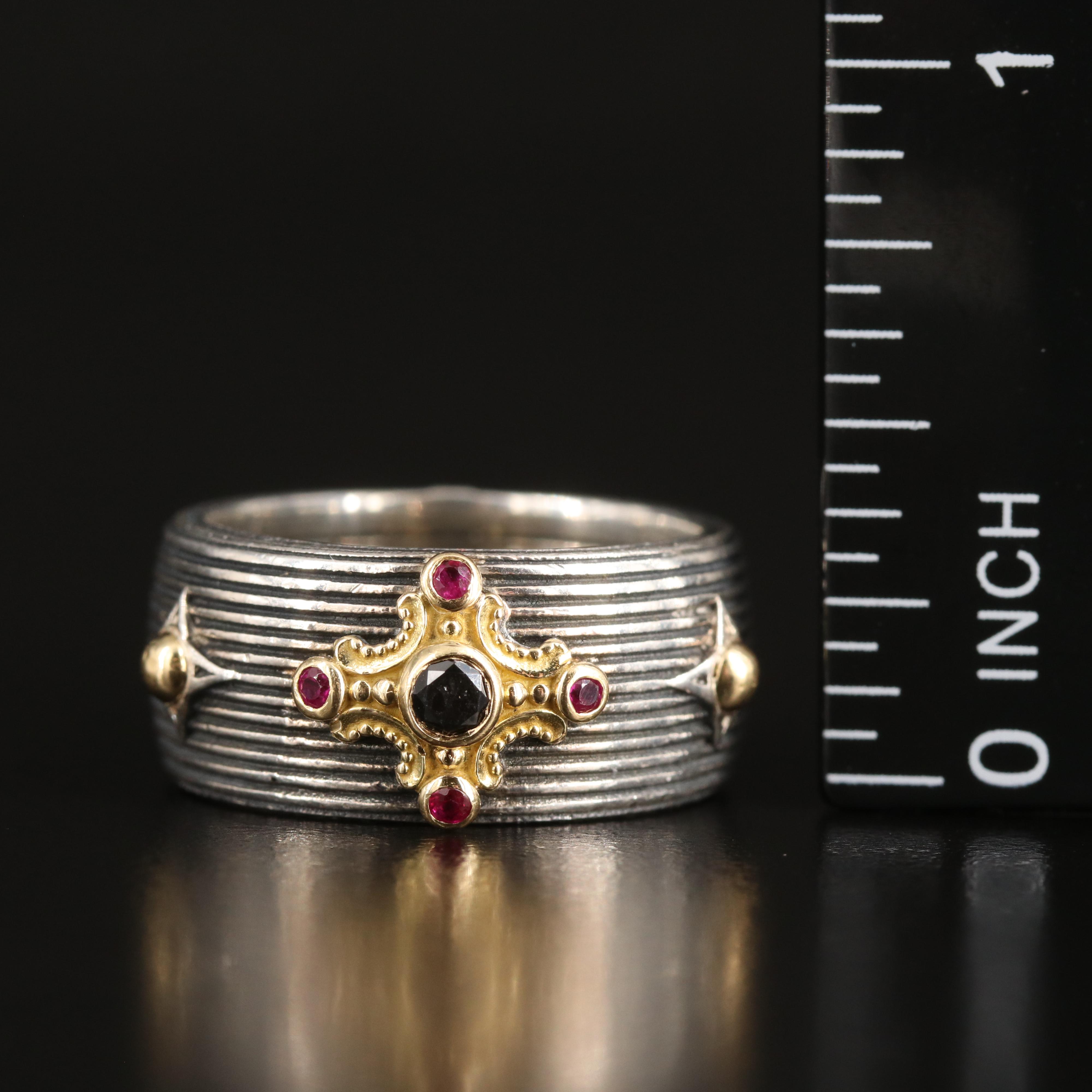 Konstantino "Delos" Sterling Black Diamond and Ruby Cigar Band with 18K Accents
