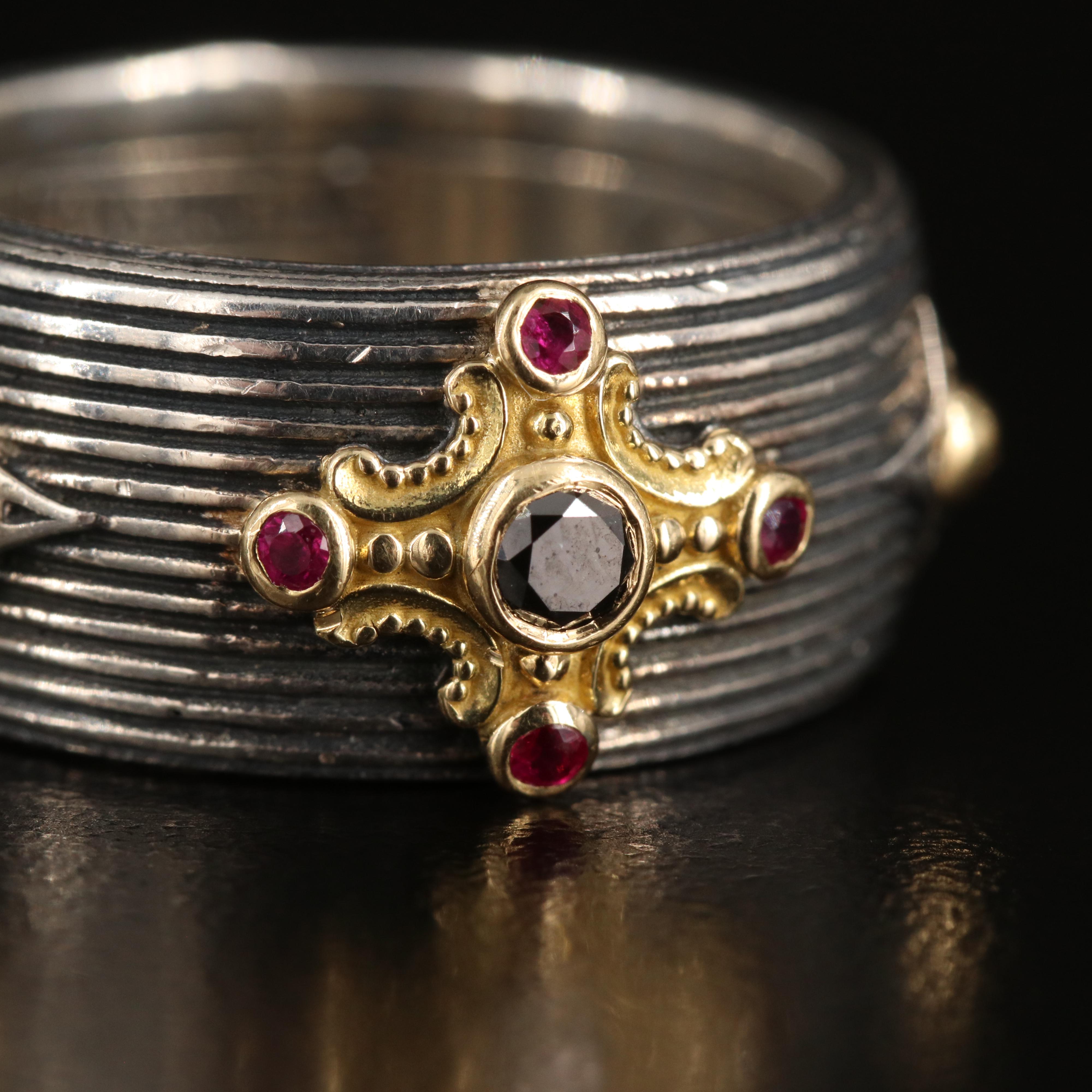 Konstantino "Delos" Sterling Black Diamond and Ruby Cigar Band with 18K Accents