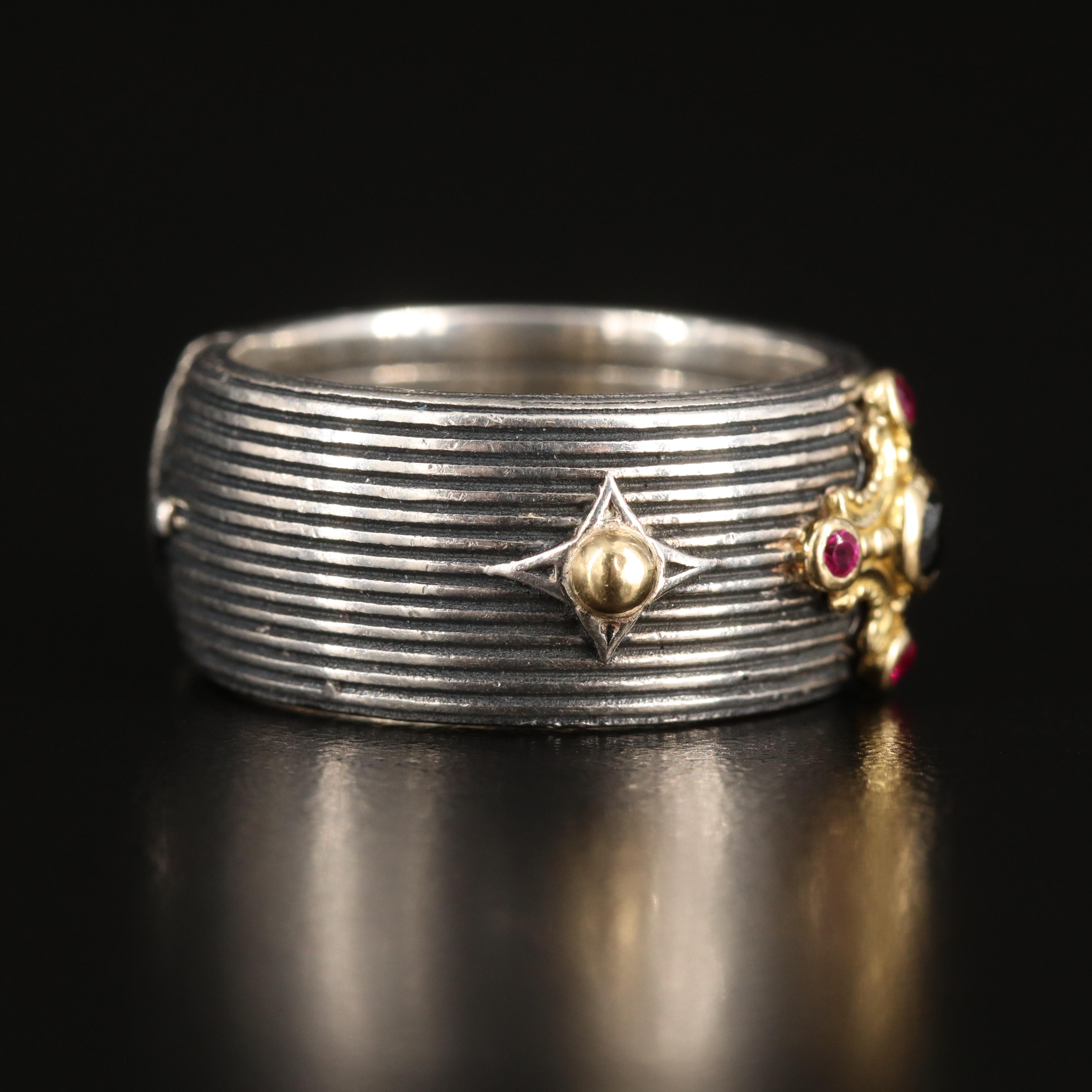 Konstantino "Delos" Sterling Black Diamond and Ruby Cigar Band with 18K Accents