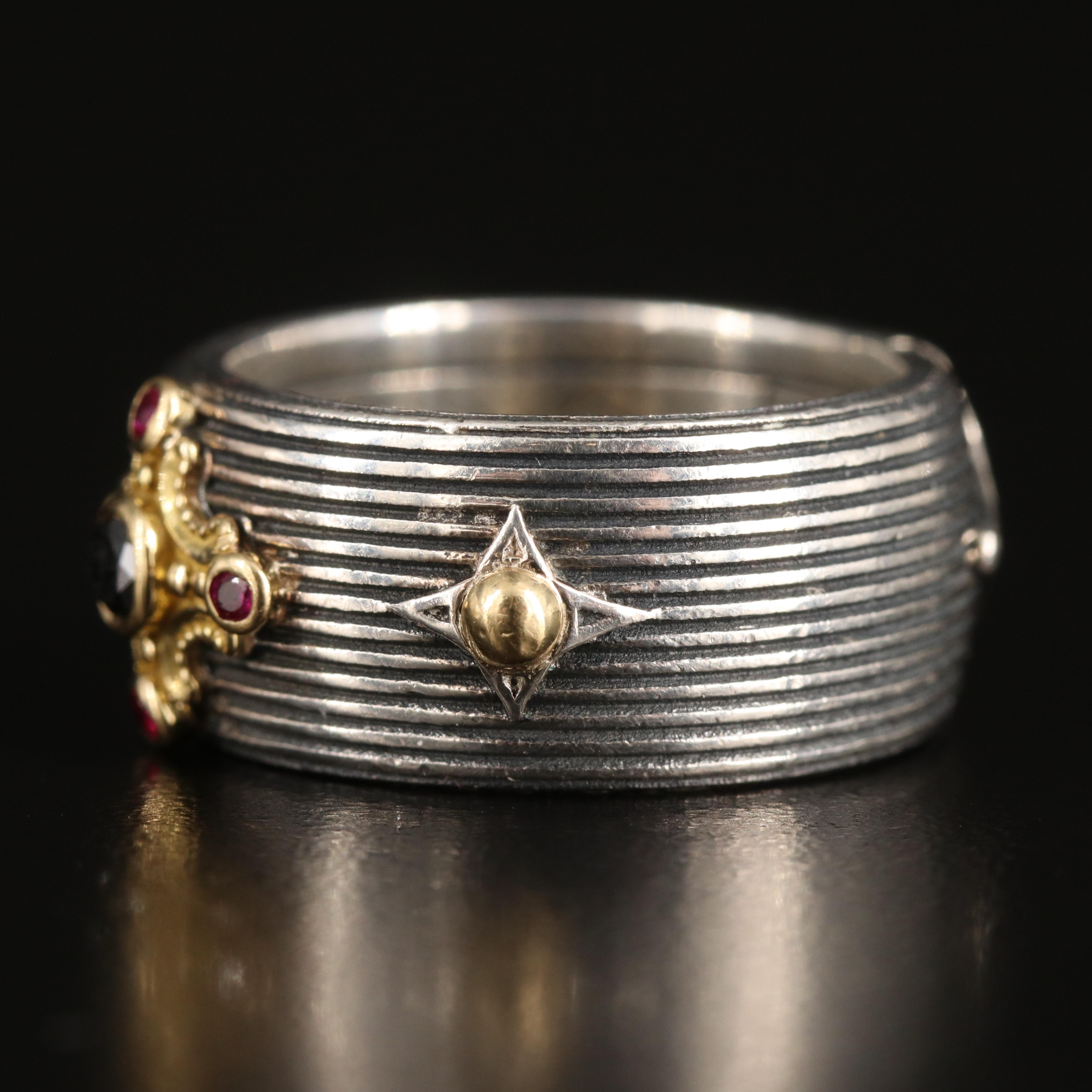 Konstantino "Delos" Sterling Black Diamond and Ruby Cigar Band with 18K Accents